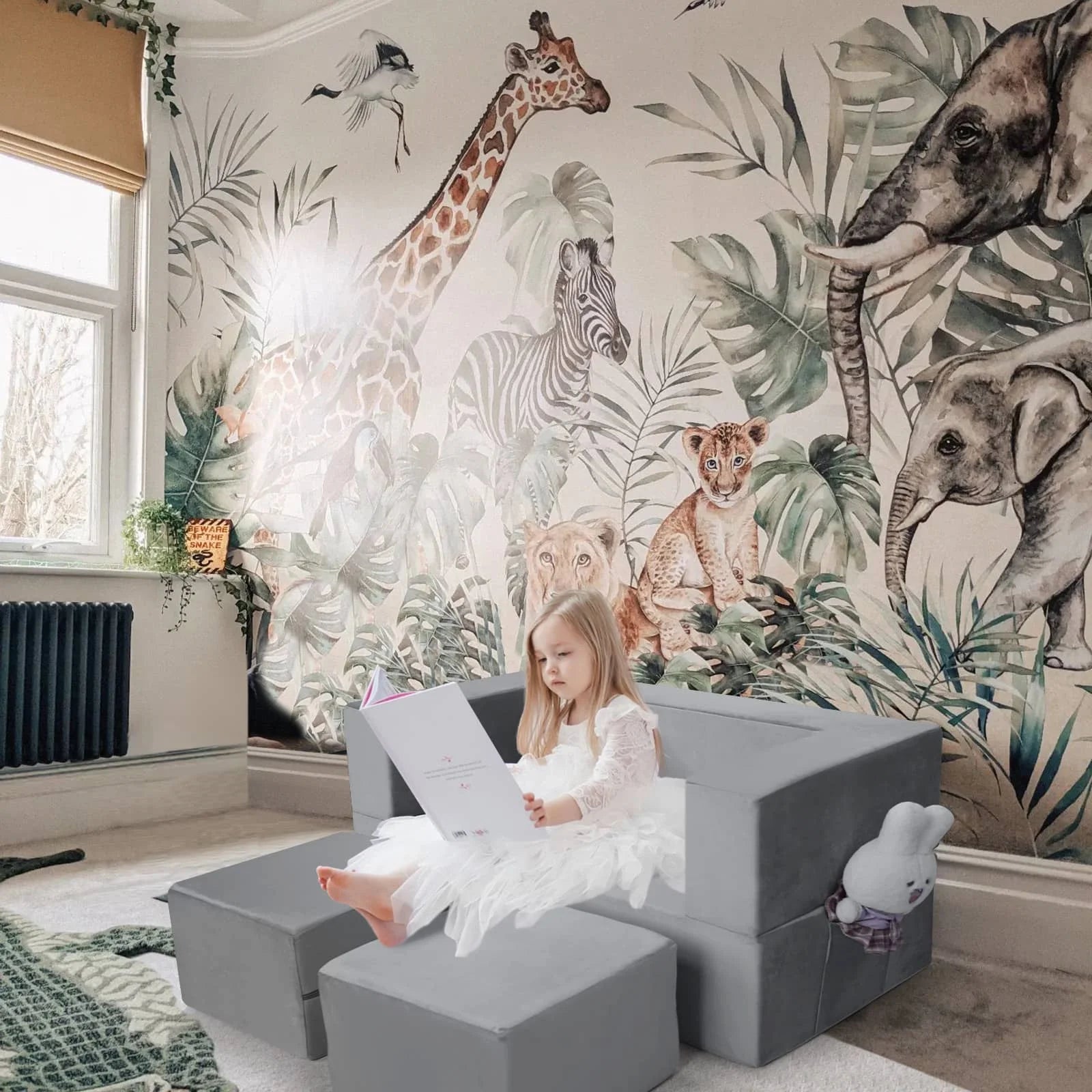 Convertible Kids Modular Couch-Grey can be composed of a sofa comes with two foot rests