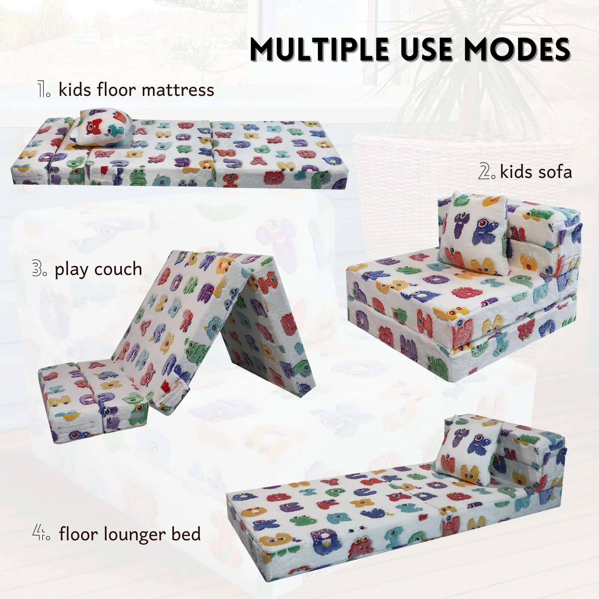 Alphabet Convertible Kids Foldable Floor Mattress converts to play couch,kids sofa,kids lounger bed