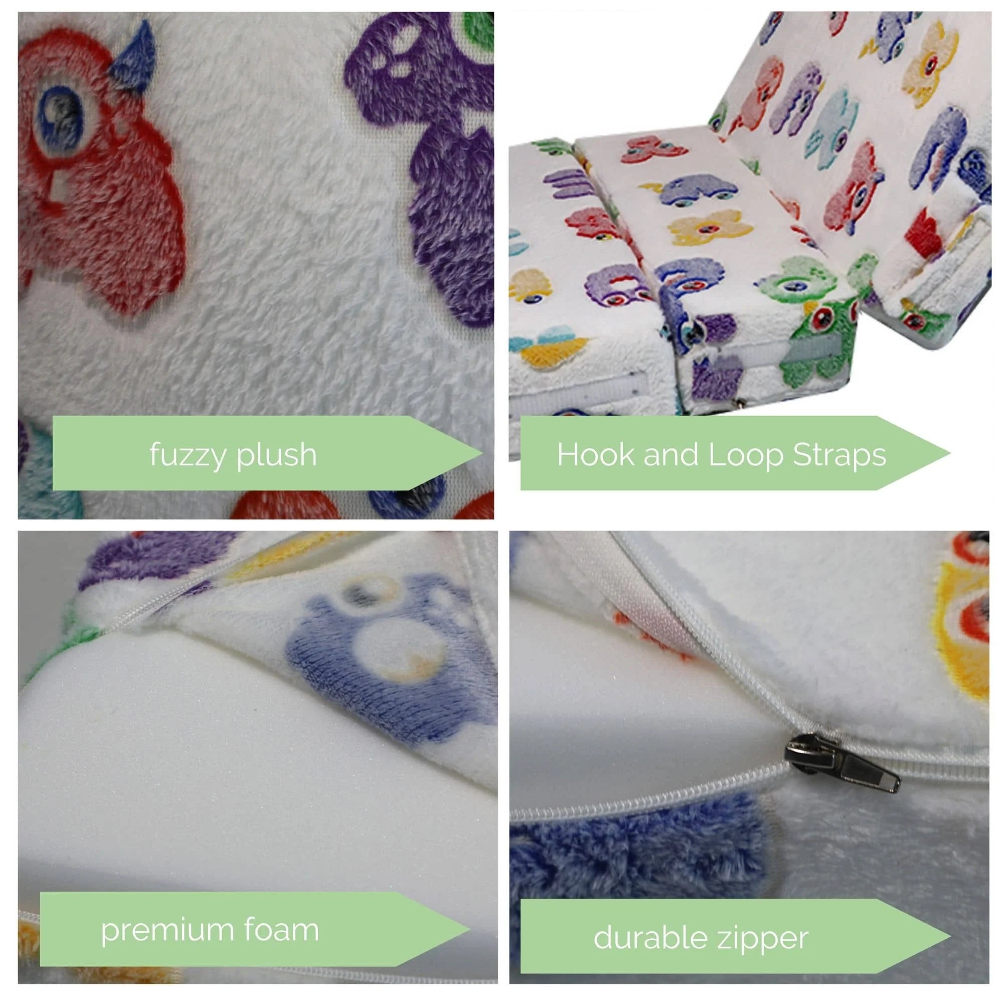 Alphabet Convertible Kids Foldable Floor Mattress has fyuzzy push,hook and loop straps,premium foam,durable zipper.