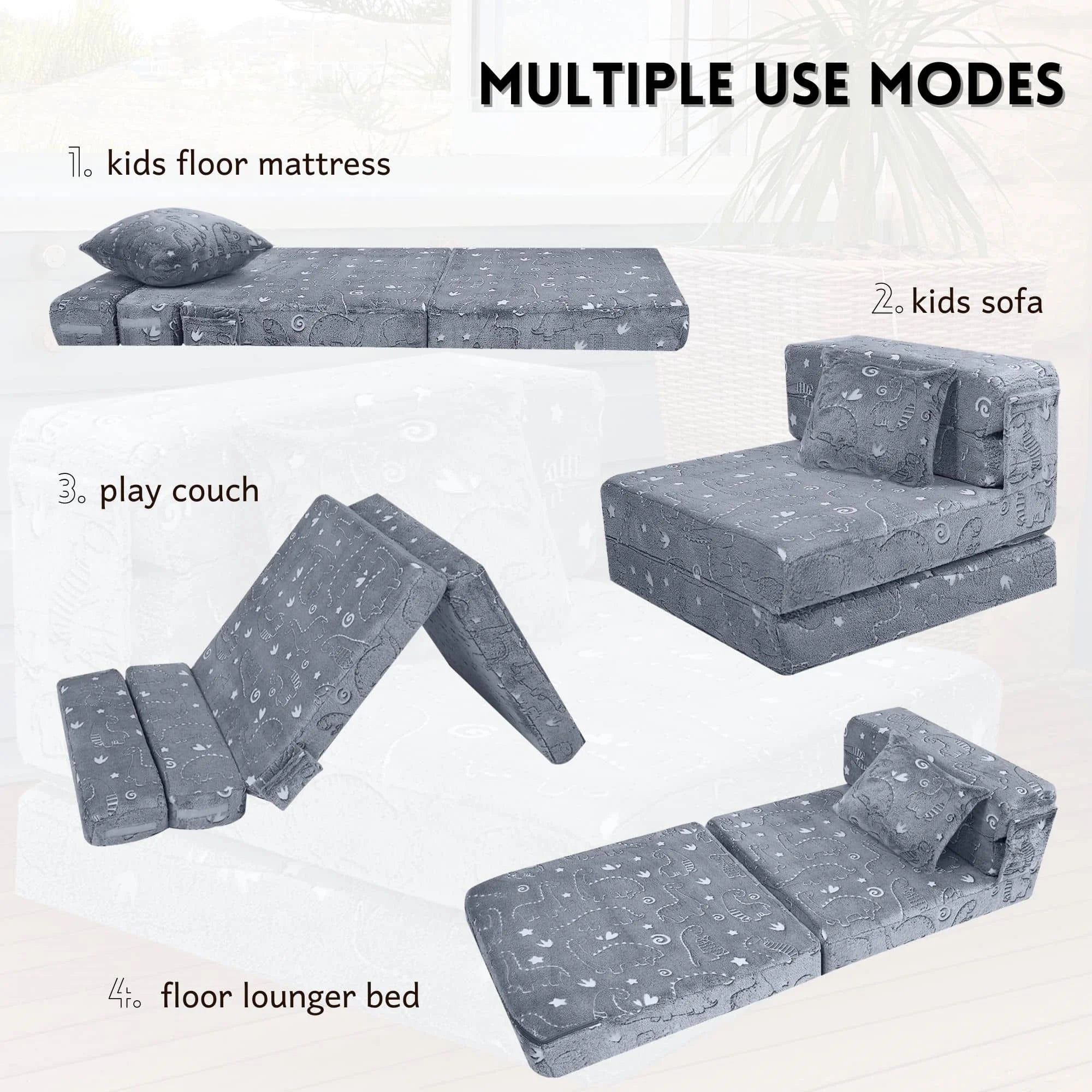 Dinosaur Convertible Kids Foldable Floor Mattress converts to play couch,kids sofa,kids lounger bed