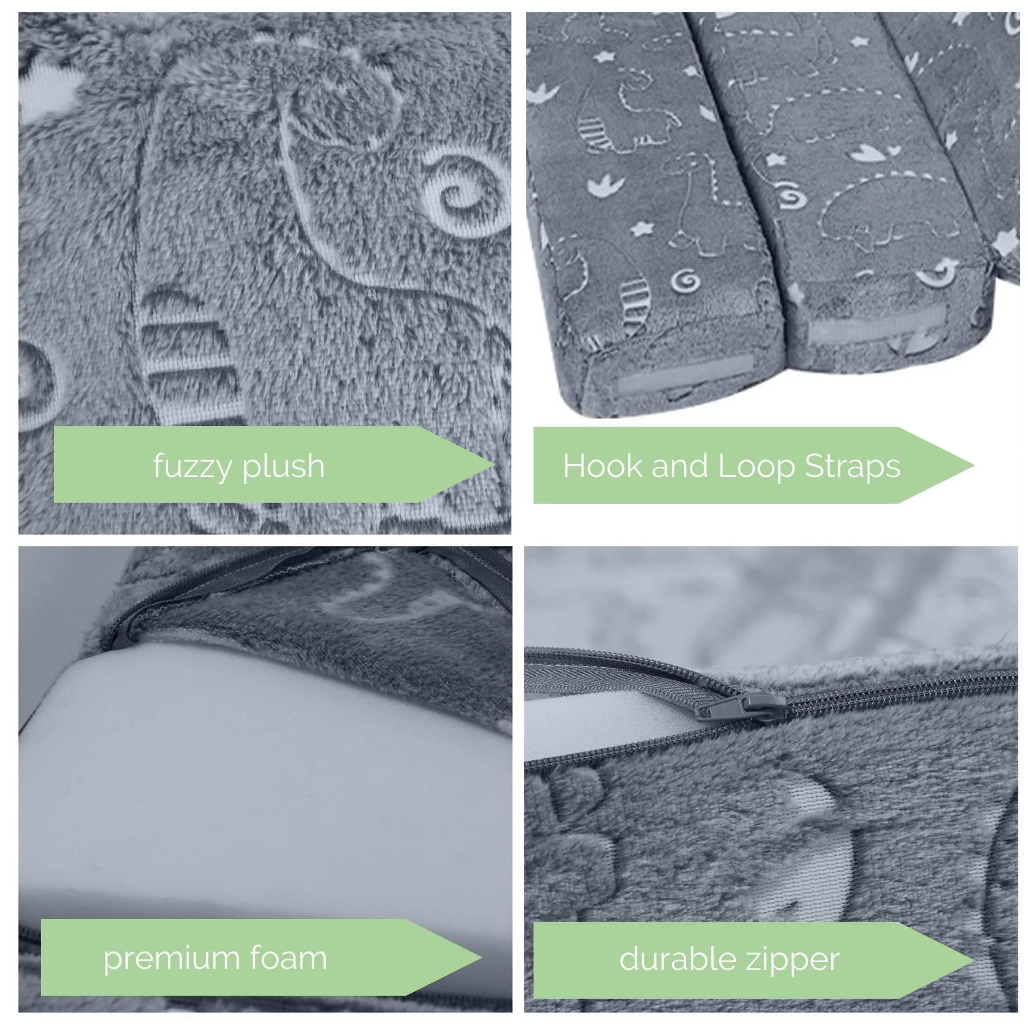 Dinosaur Convertible Kids Foldable Floor Mattress has fyuzzy push,hook and loop straps,premium foam,durable zipper.