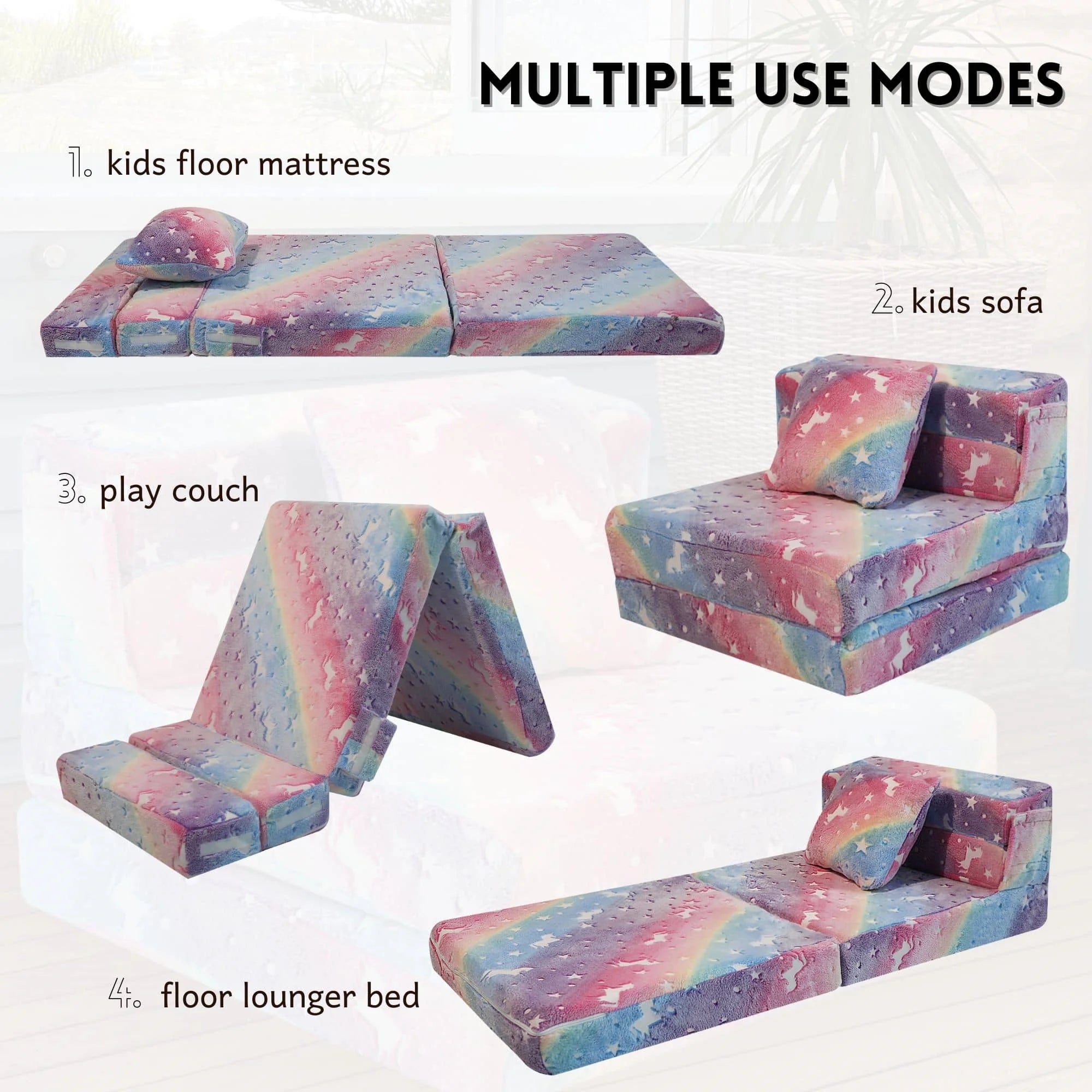 Rainbow Convertible Kids Foldable Floor Mattress converts to play couch,kids sofa,kids lounger bed