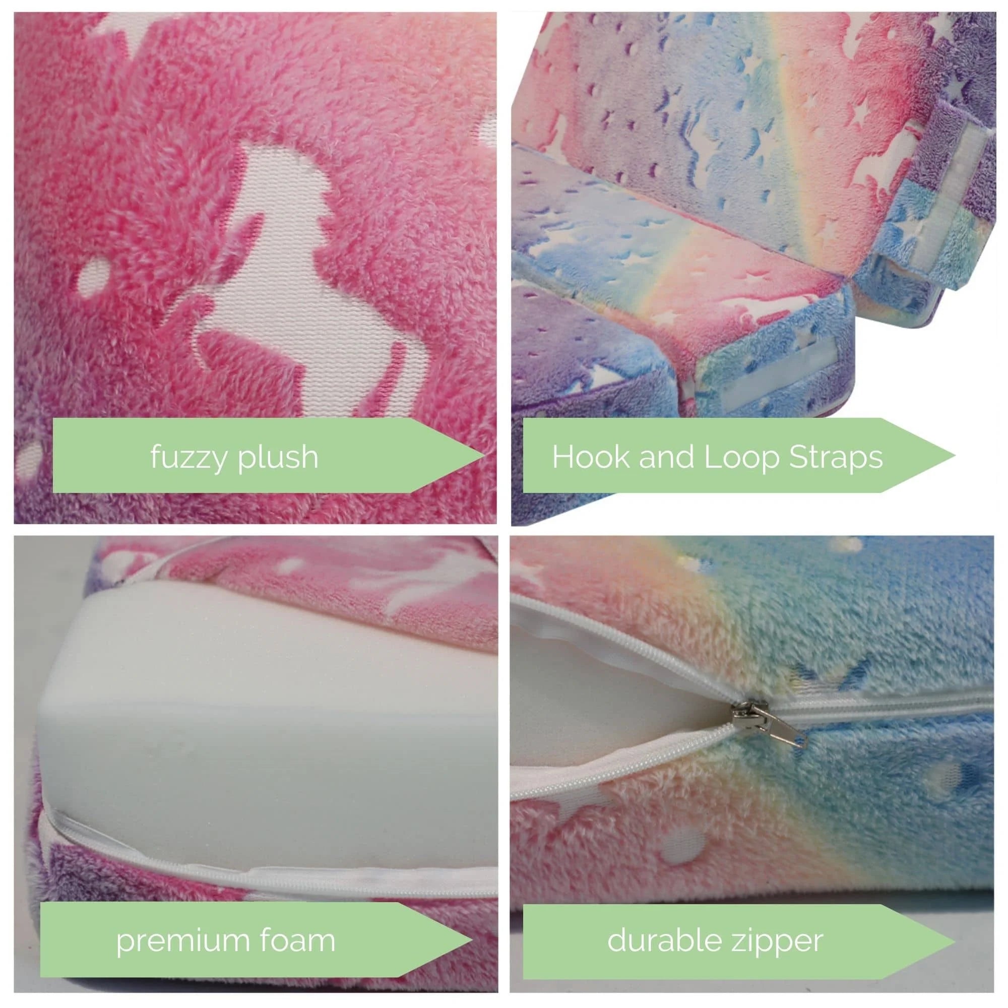 Rainbow Convertible Kids Foldable Floor Mattress has fyuzzy push,hook and loop straps,premium foam,durable zipper.