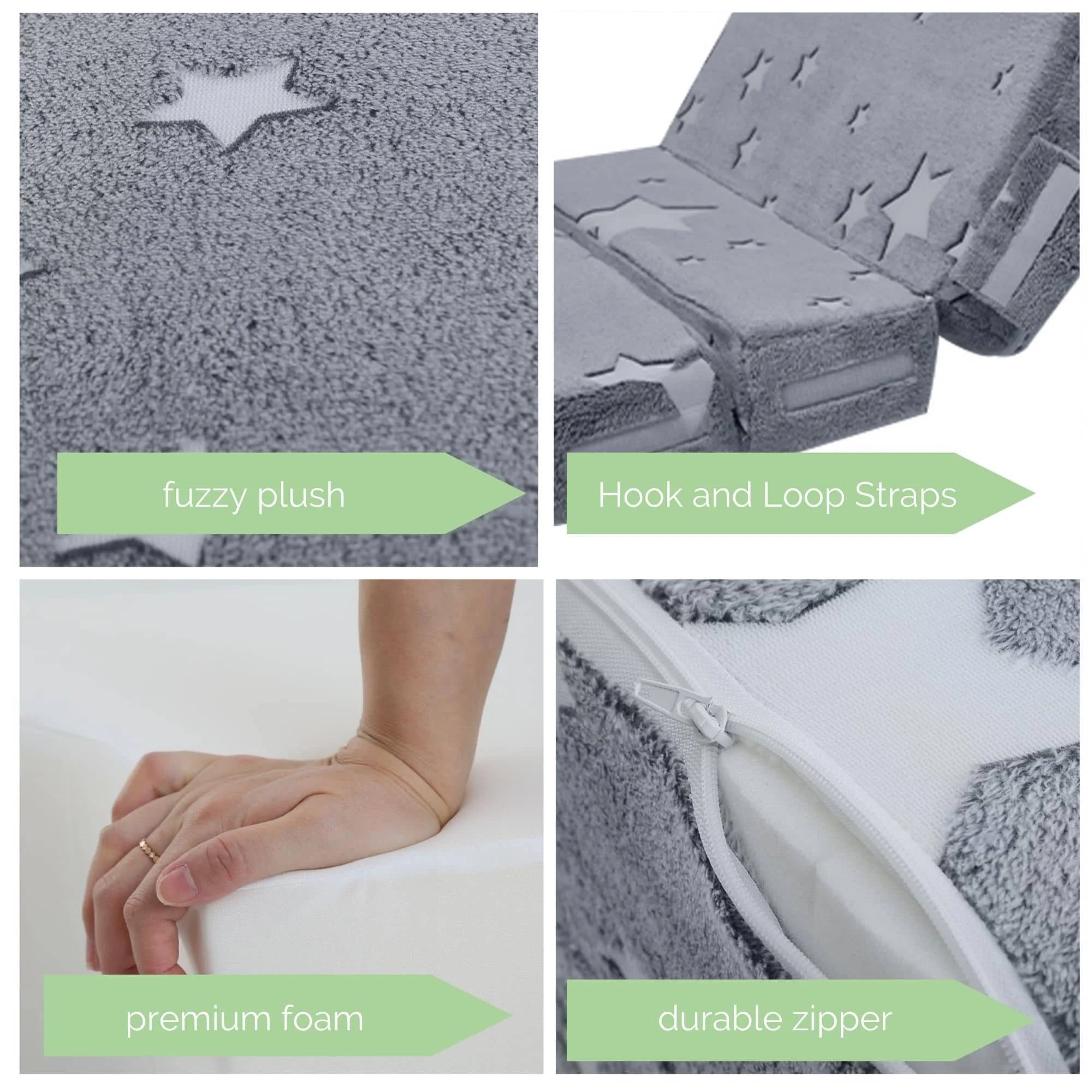 Star Convertible Kids Foldable Floor Mattress has fyuzzy push,hook and loop straps,premium foam,durable zipper.