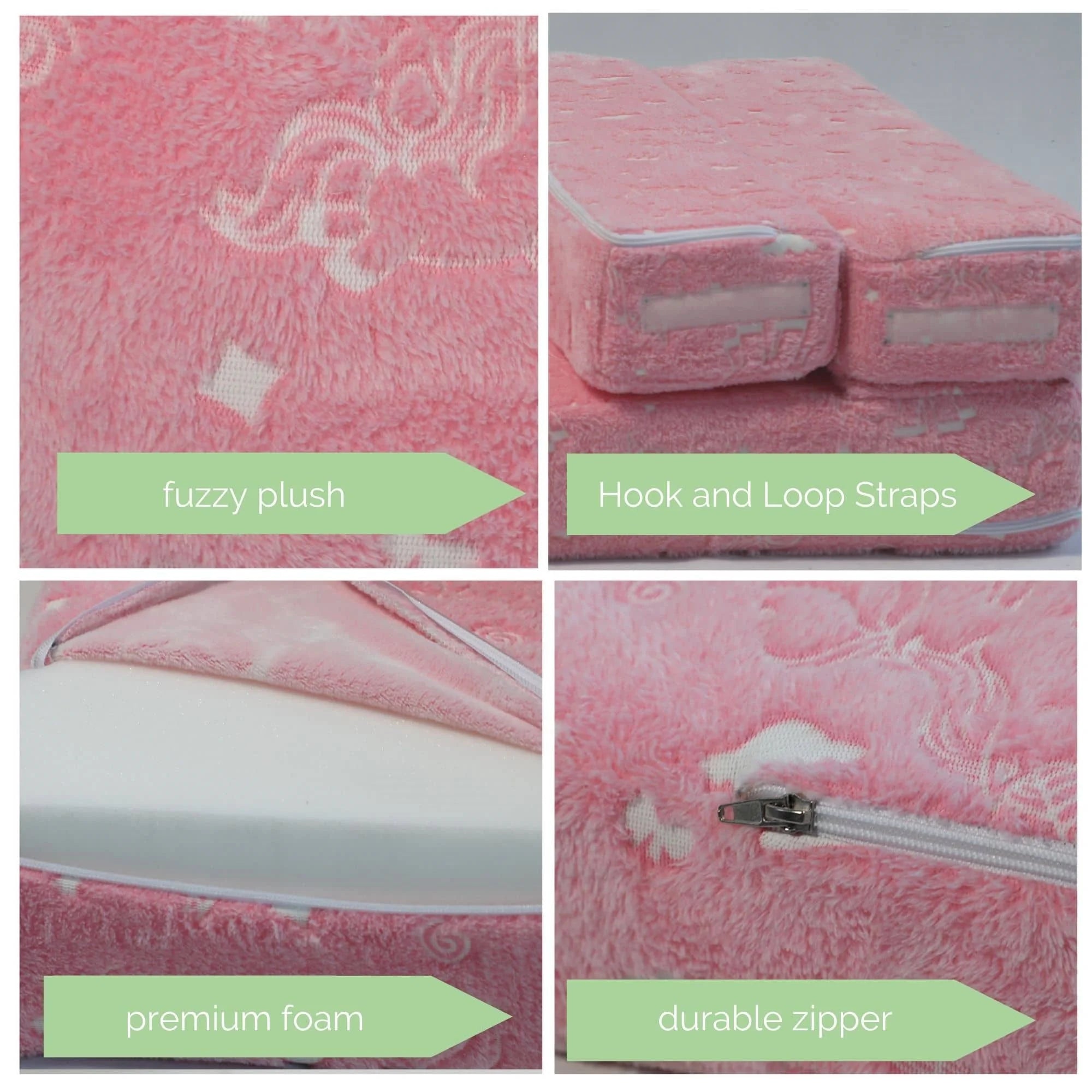 Unicorn Convertible Kids Foldable Floor Mattress has fyuzzy push,hook and loop straps,premium foam,durable zipper.