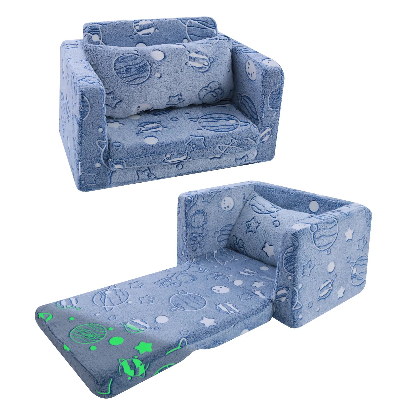 Glowsofa's Glowing Space Children's Fold Out Sofa Folded and Unfolded Status