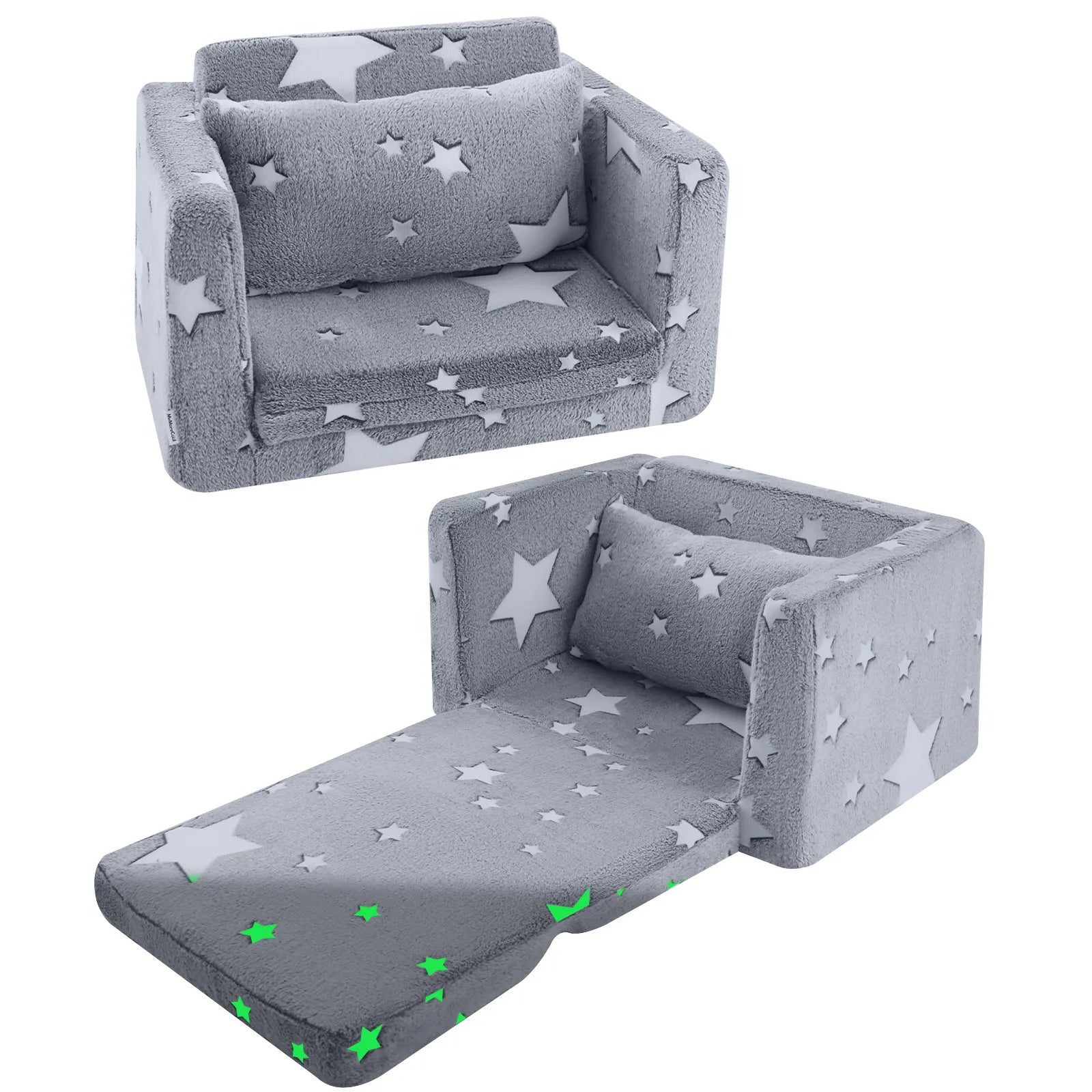 Glowsofa's Glowing Star Children's Fold Out Sofa Folded and Unfolded Status