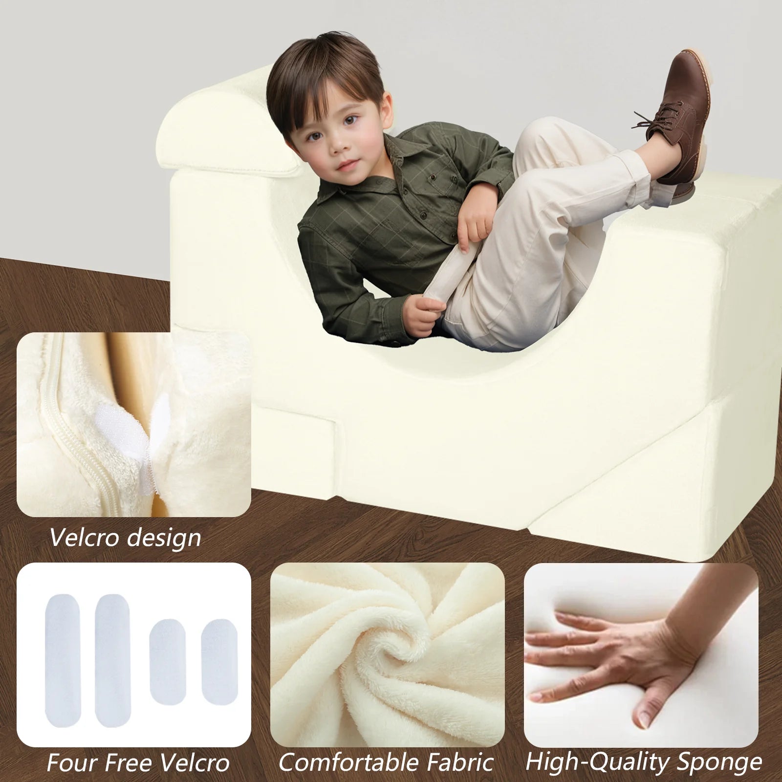 Child lying on the floor lounger made up of Glowsofa's Solid Beige Climbing Kids Play Couch