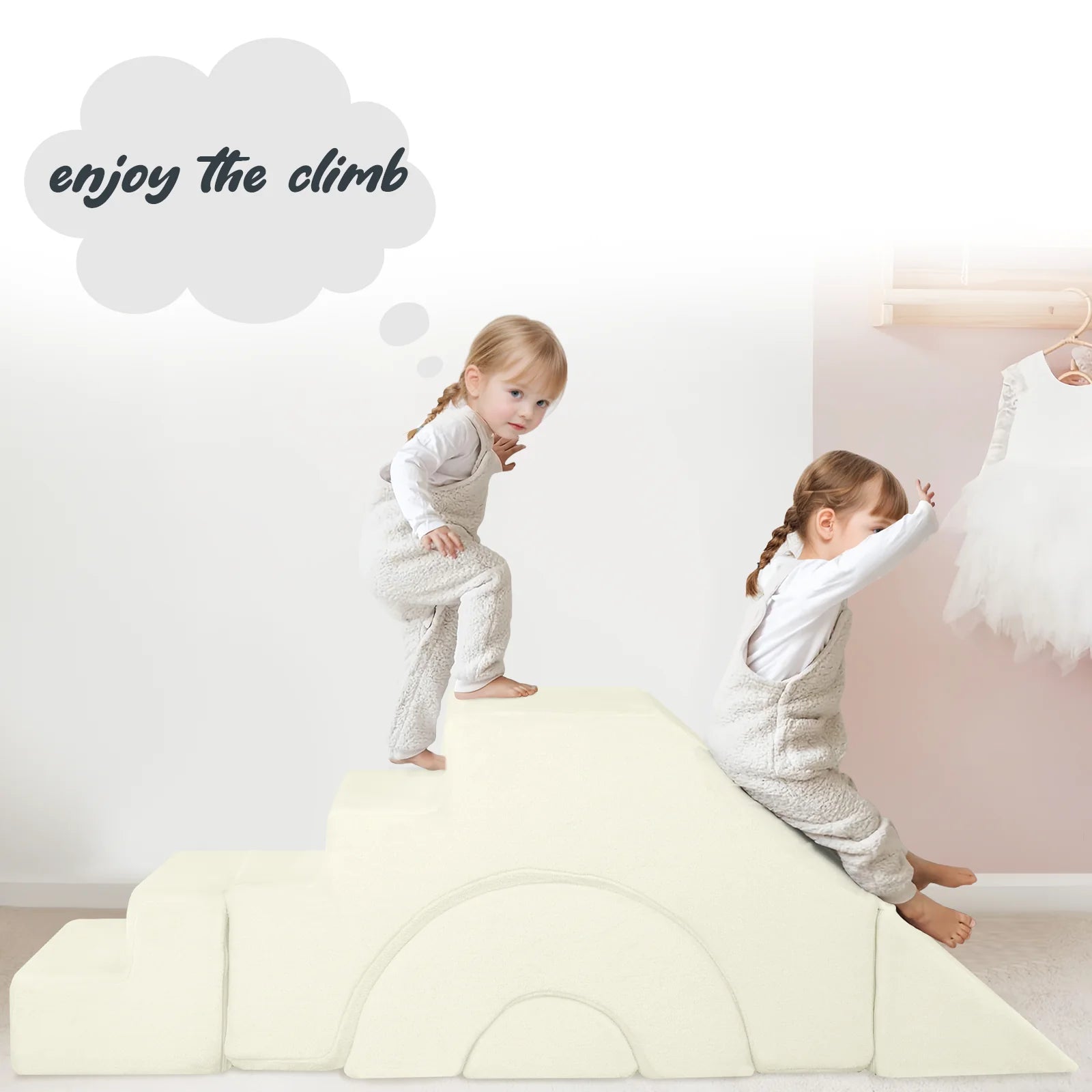 Kids climb and slide on the Glowsofa's Solid Beige Climbing Kids Play Couch