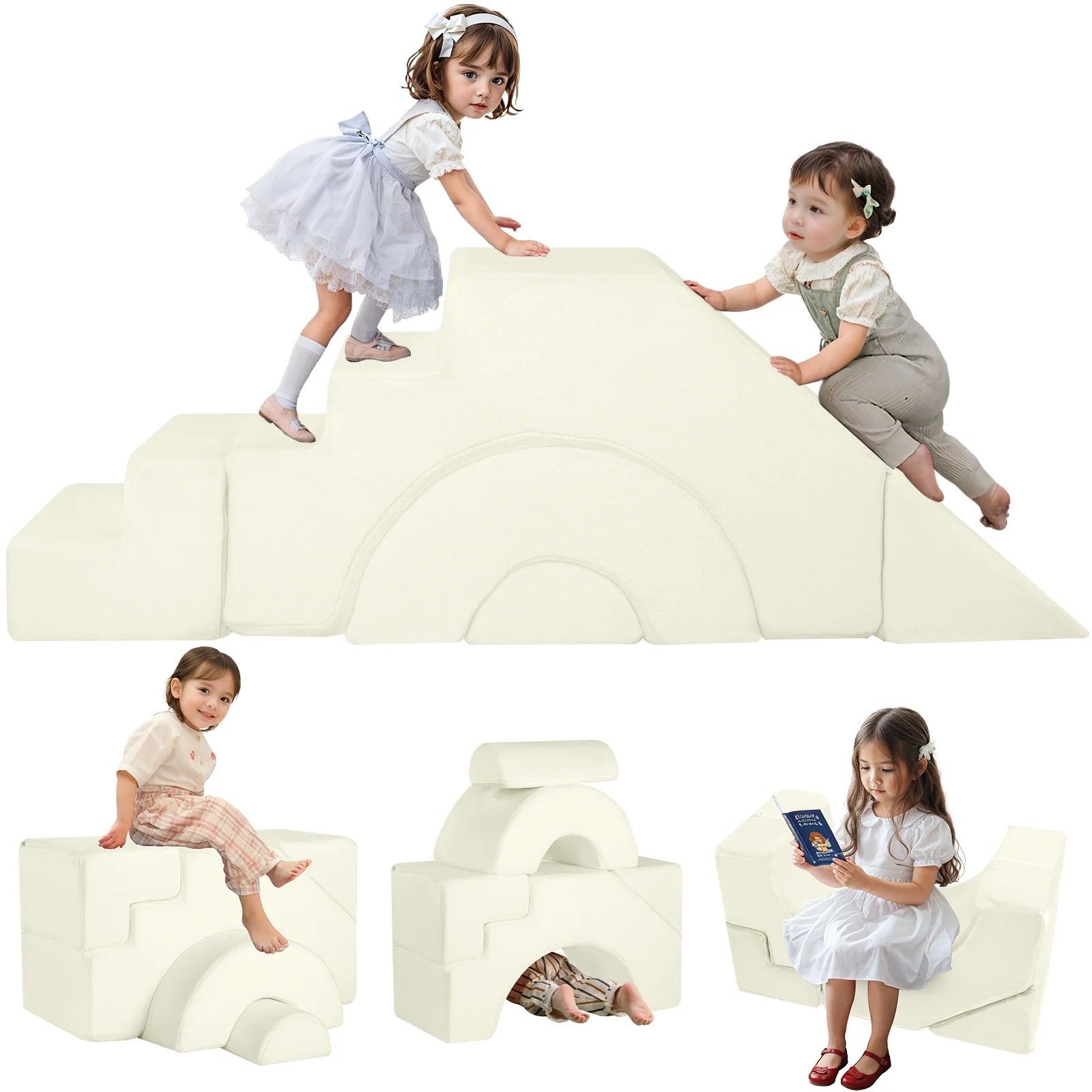 Kids climb and slide on the Glowsofa's Solid Beige Climbing Kids Play Couch