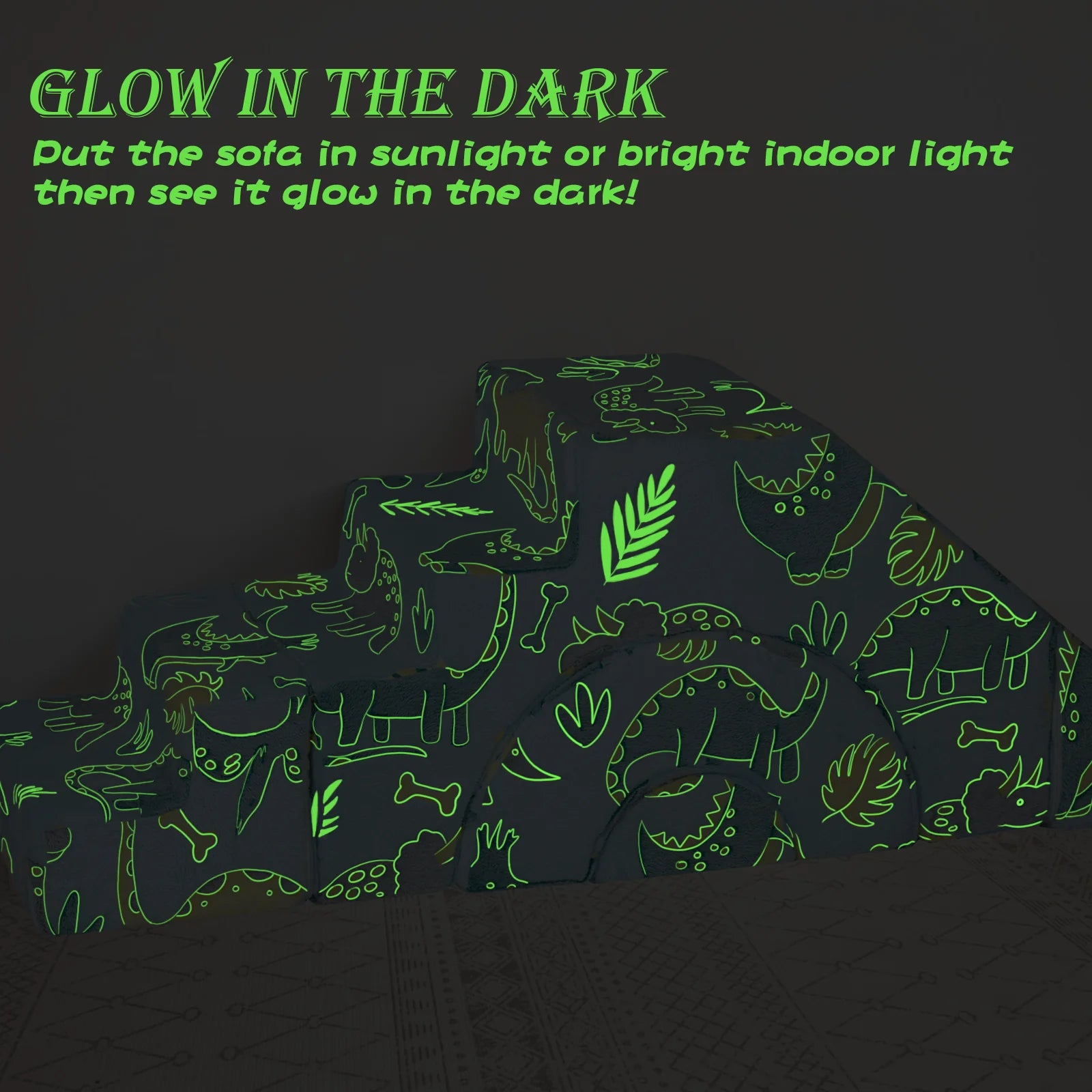 Glowsofa's Blue Dinosaur Glowing Rainbow Climbing Kids Play Couch glow in the dark effect