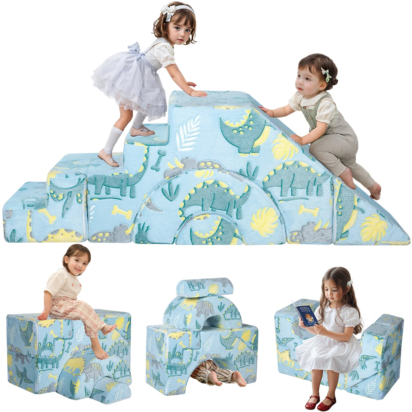 Kids climb and slide on the Glowsofa's Blue Dinosaur Climbing Kids Play Couch