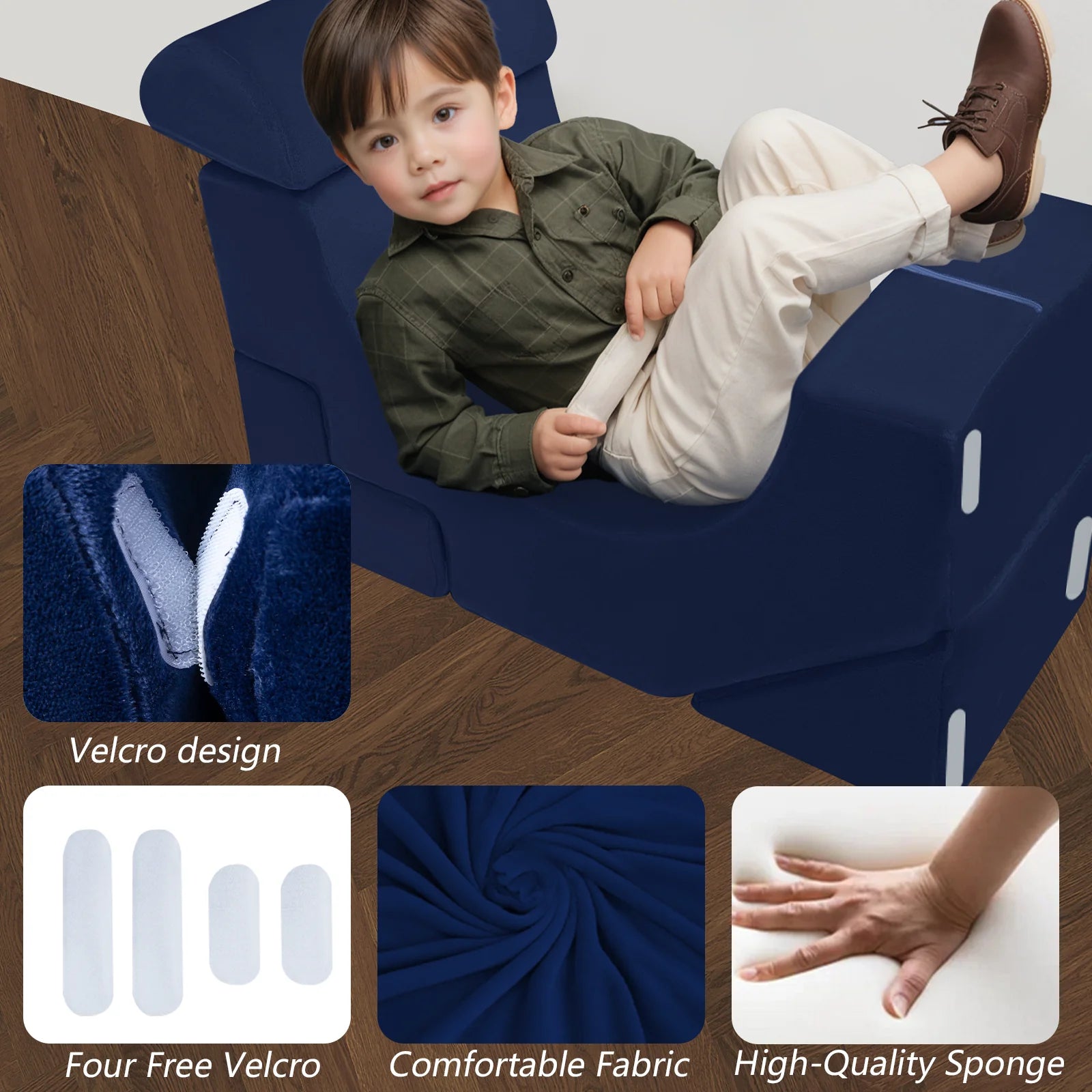 Child lying on the floor lounger made up of Glowsofa's Solid Navy Climbing Kids Play Couch