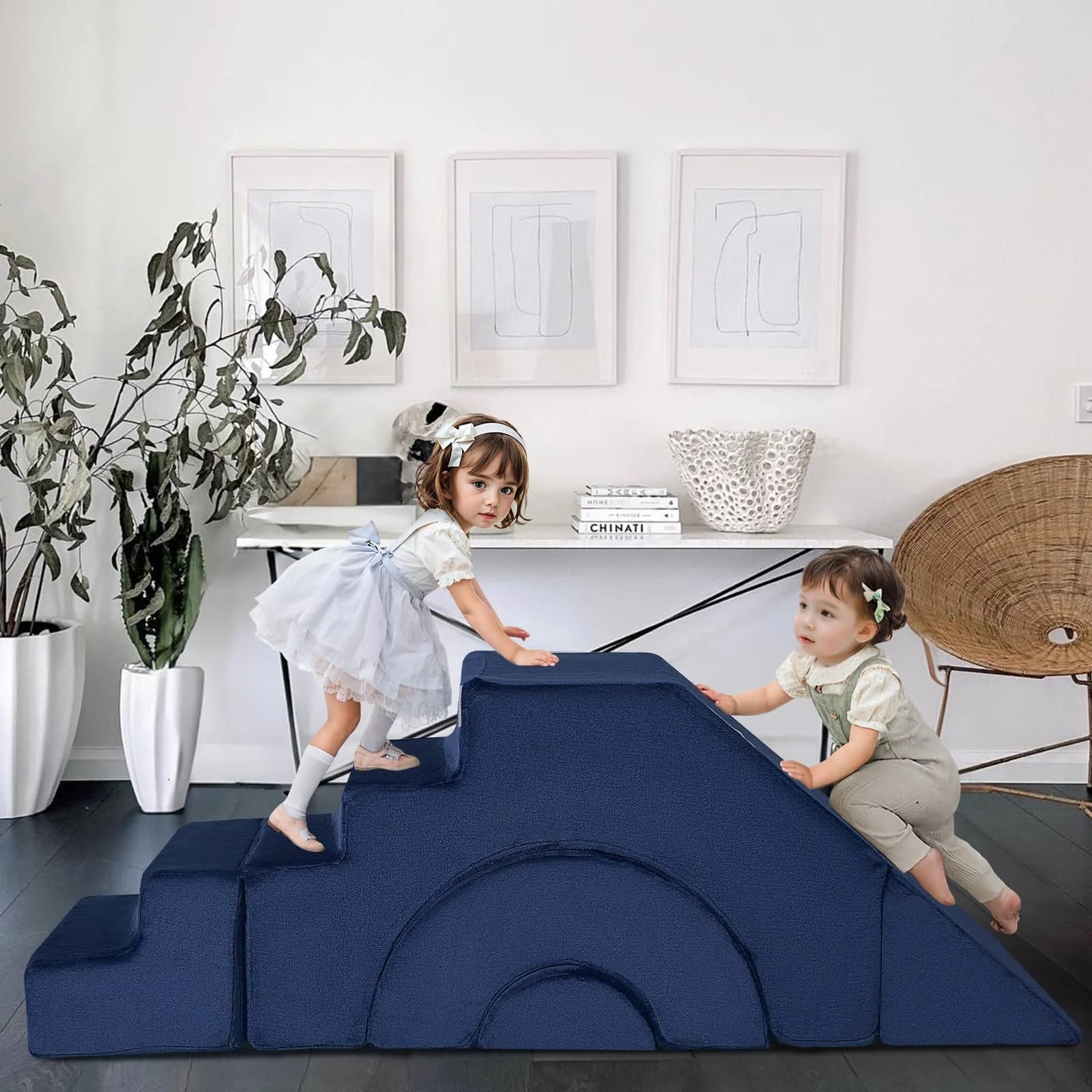 Kids climb and slide on the Glowsofa's Solid Navy Climbing Kids Play Couch