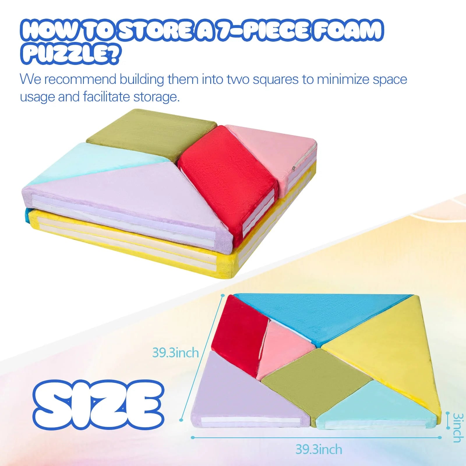 Colorful Tangram Puzzle Kids Play Couch measures 39.3inx39.3inx3in