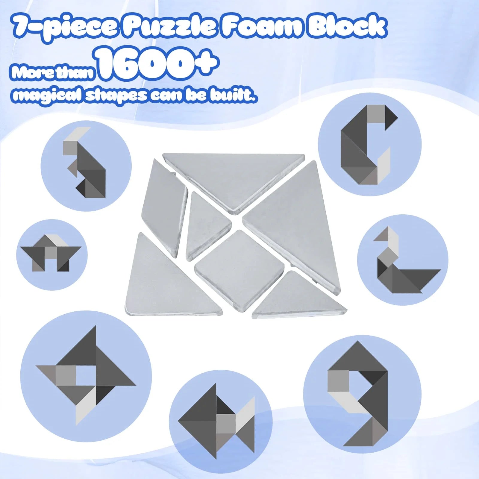 Tangram Puzzle Kids Play Couch consists of seven Grey foam cushions