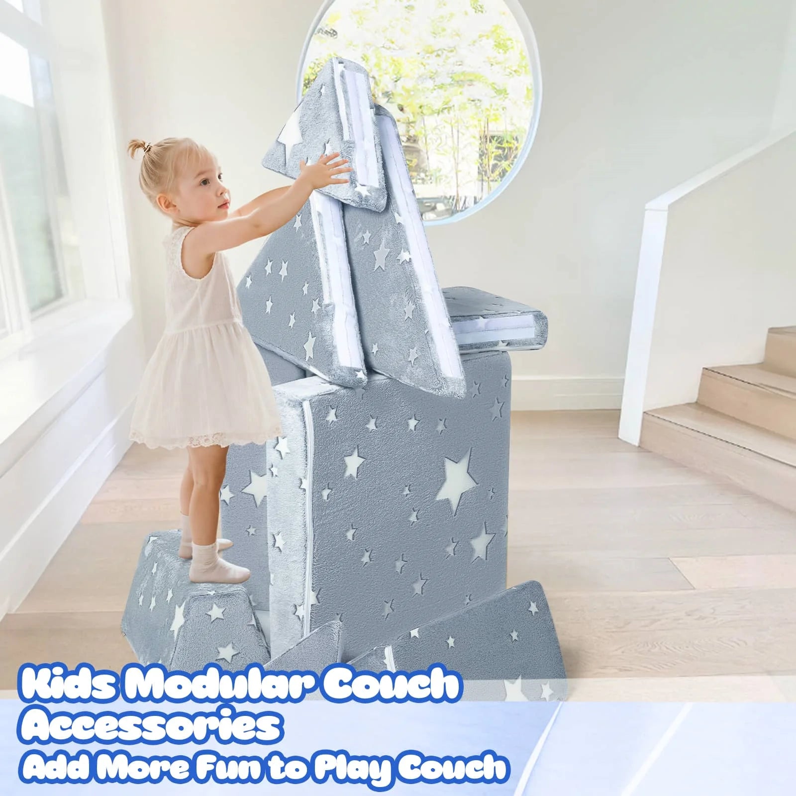 Grey Star Tangram Puzzle Kids Play Couch can be built in three dimensions!