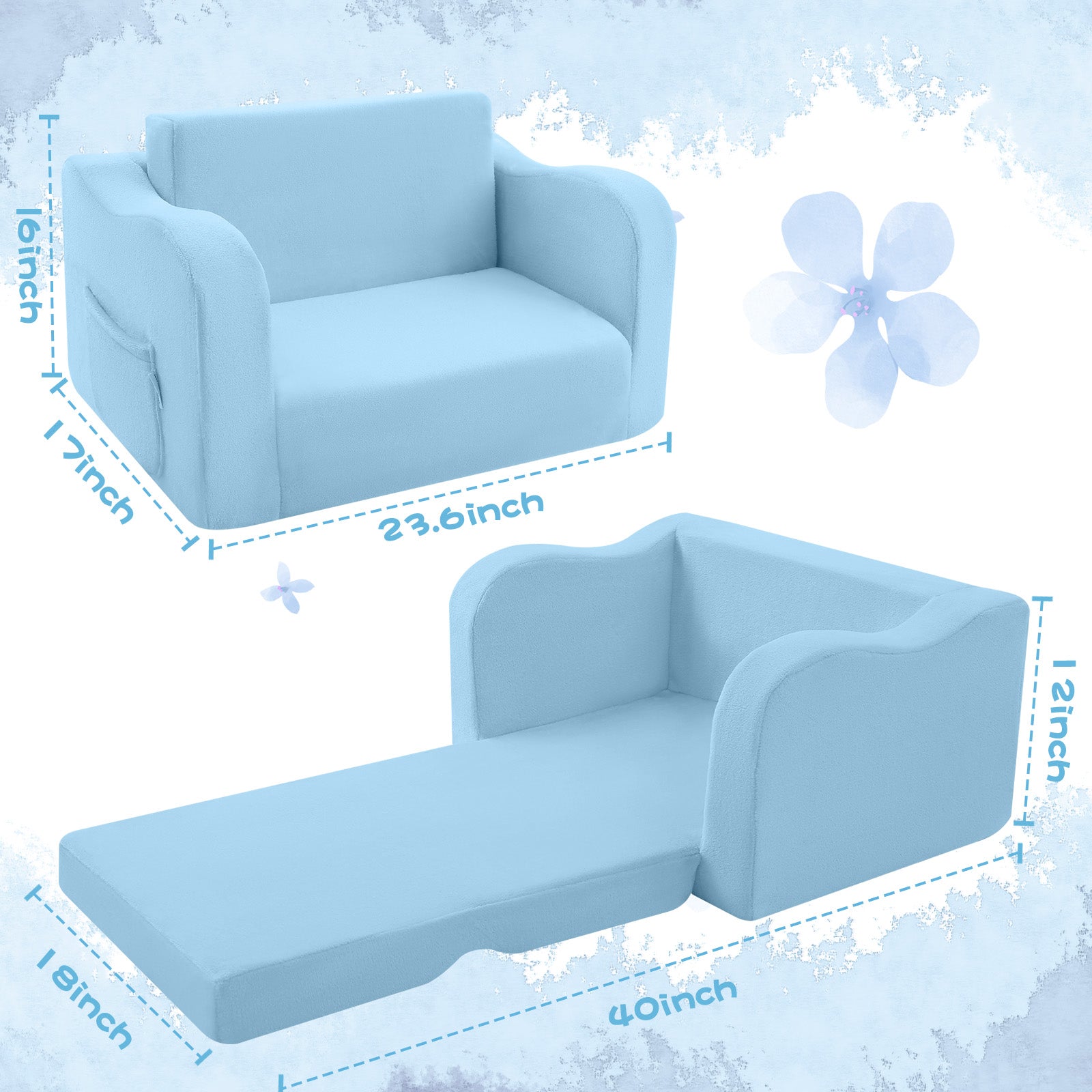 Glowsofa's Blue children's couch chair measures 23.6 “D x 18 ”W x 16 ”H folded and 40"D x 18"W x 12"H unfoldolded.