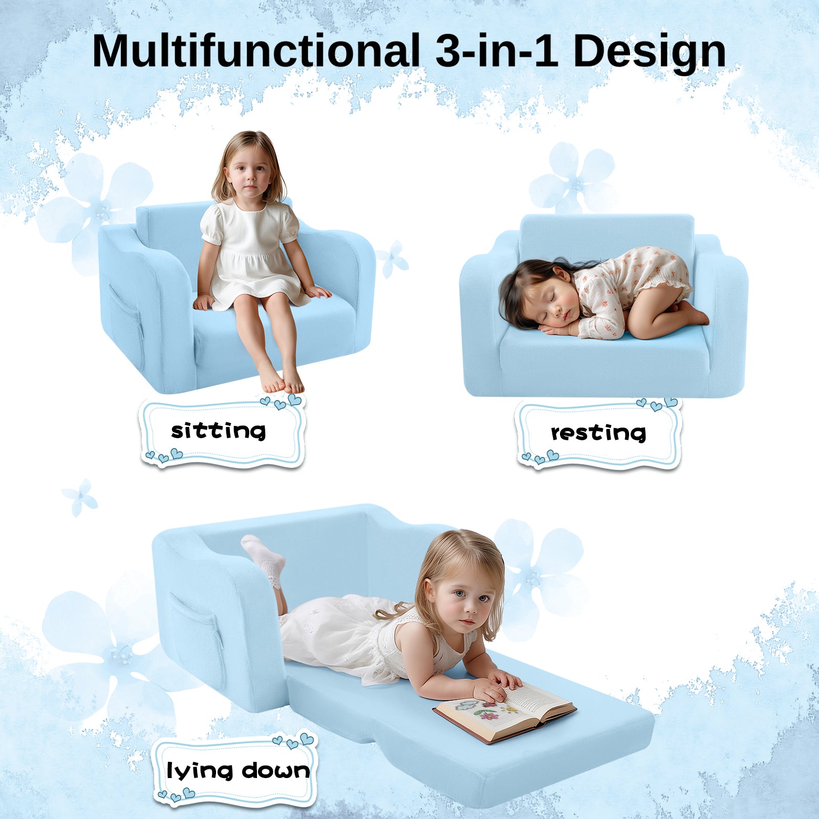 Glowsofa's Blue children's couch chair is used in three scenarios: sitting, resting, and lying down.