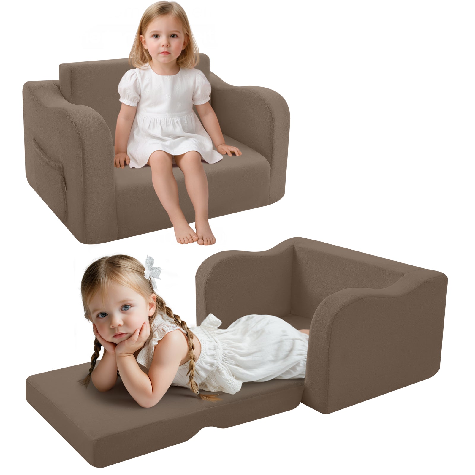 Two little girls, one sitting on Glowsofa's Brown children's fold out sofa and one lying on Glowsofa's Brown children's fold out sofa.