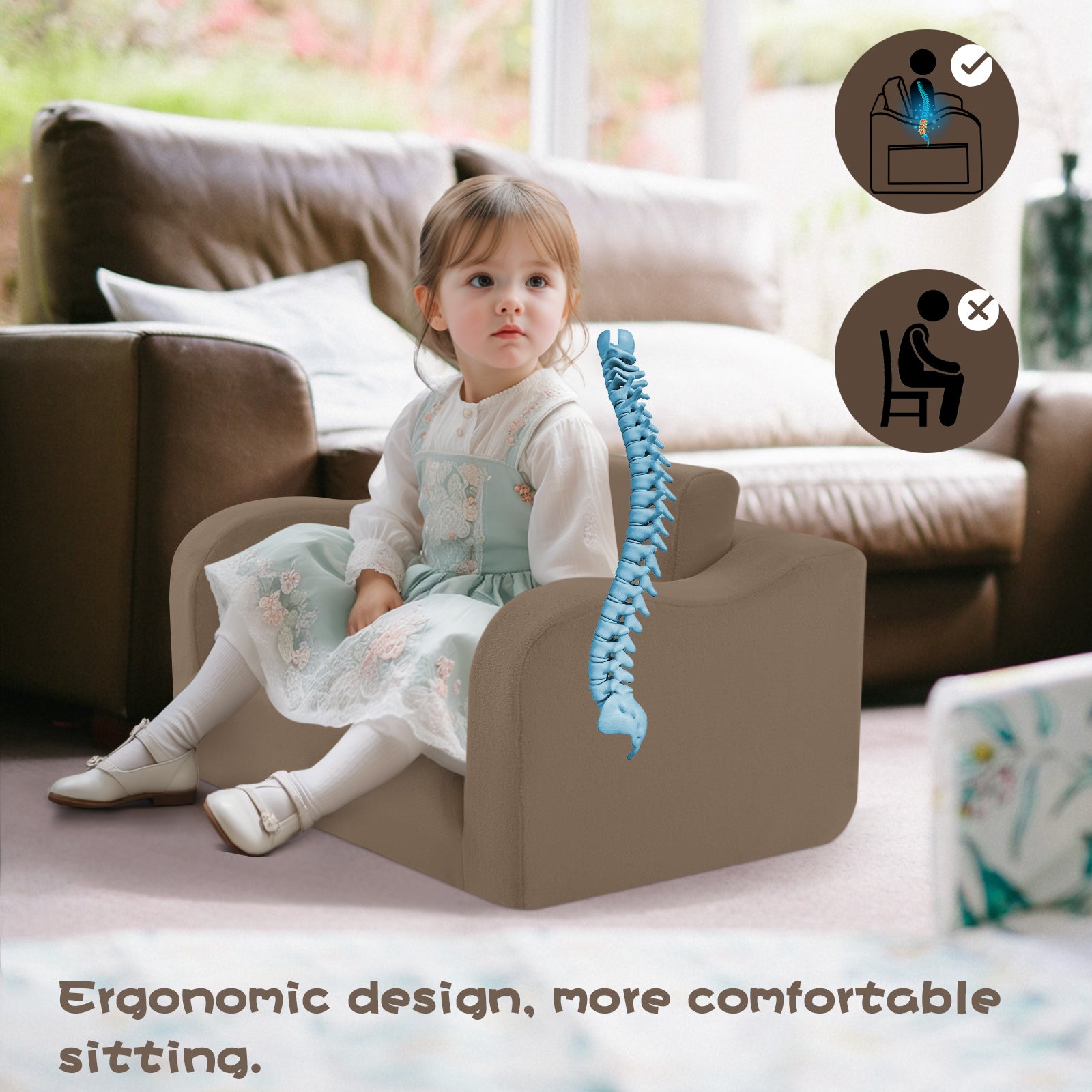 Little girl sitting on Glowsofa's Brown children's couch chair with ergonomic design, more comfortable sitting