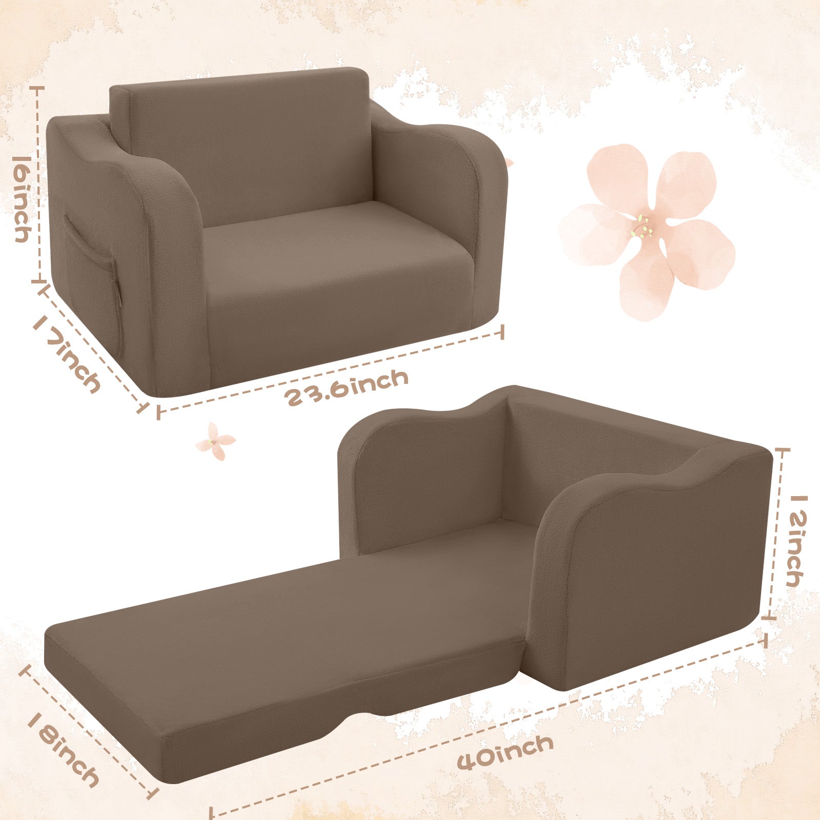 Glowsofa's Brown children's couch chair measures 23.6 “D x 18 ”W x 16 ”H folded and 40"D x 18"W x 12"H unfoldolded.