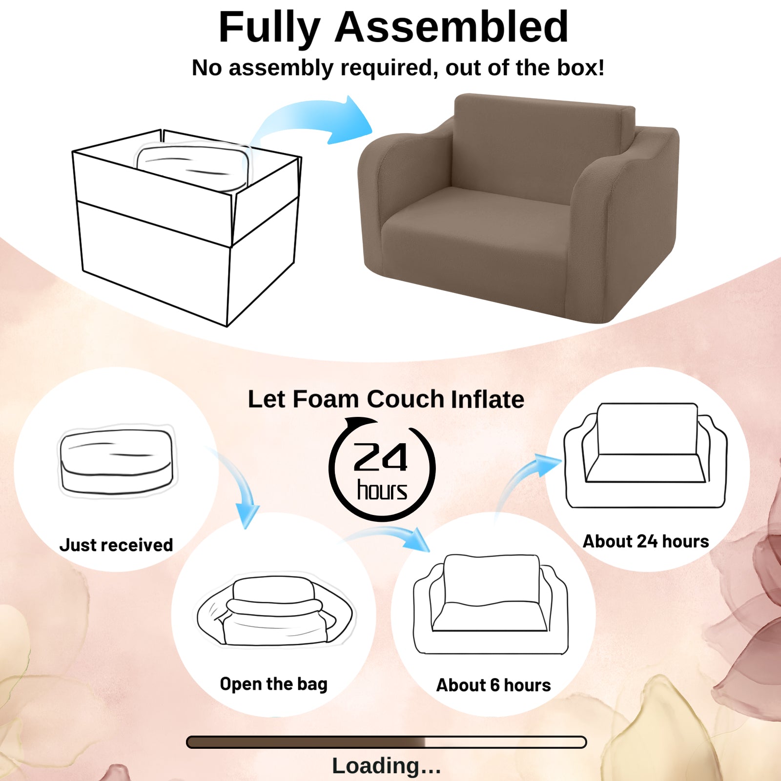 Glowsofa's Brown children's fold out sofa No need to install, just take it out of the box and wait 24 hours for it to return to its normal form and use it