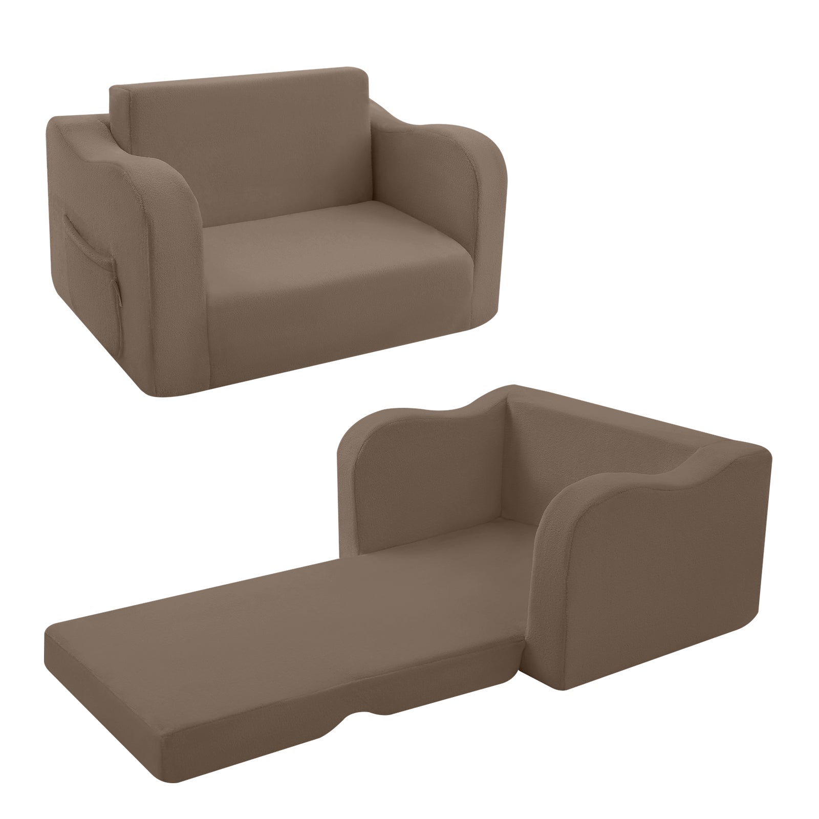 Glowsofa's Brown children's couch chair unfolded and folded condition