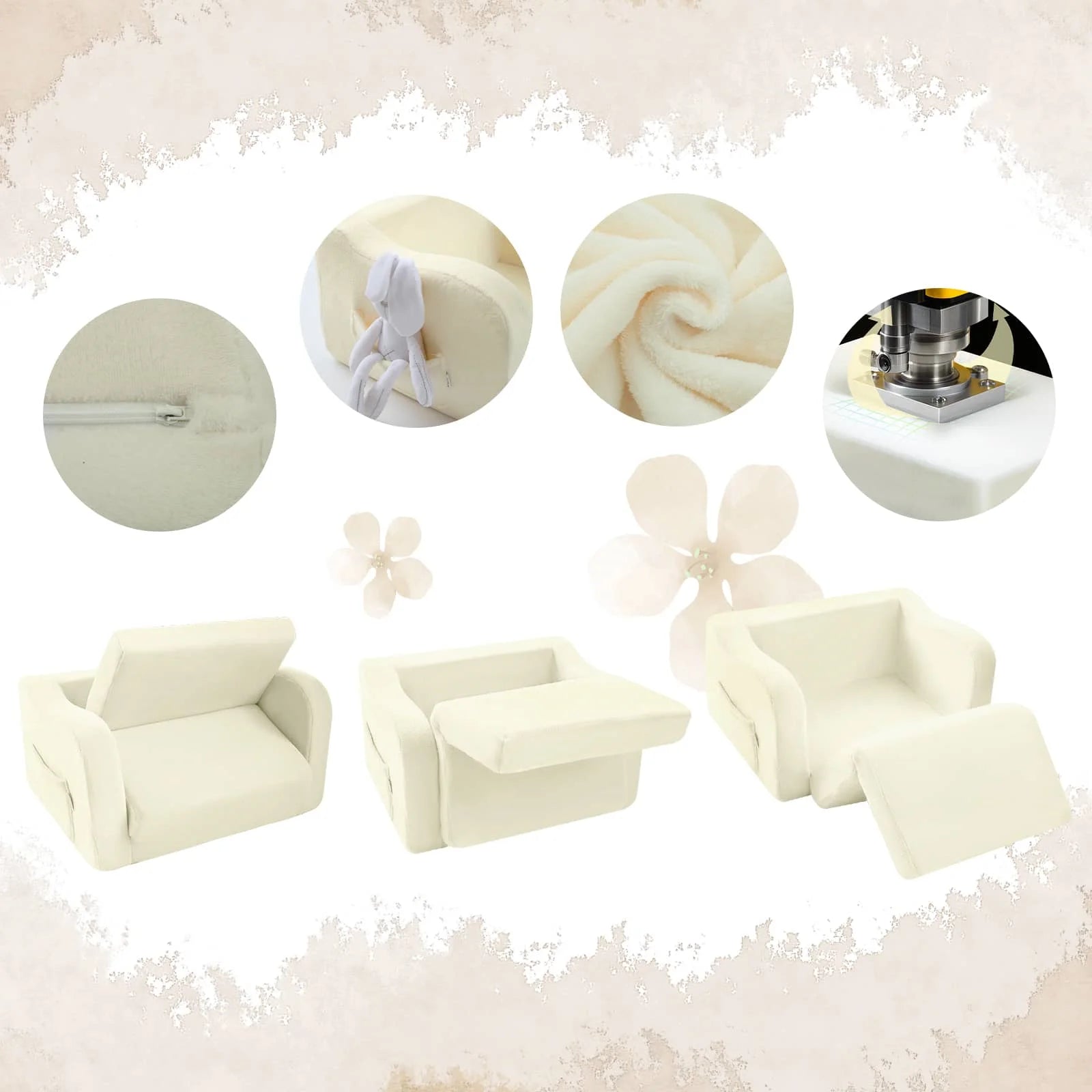 Glowsofa's Cream children's fold out sofa features a durable zipper, side pockets, soft fabric, and premium foam for support.