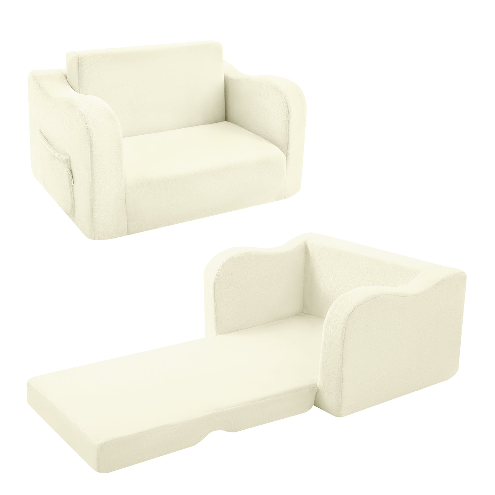 Glowsofa's Cream children's couch chair unfolded and folded condition