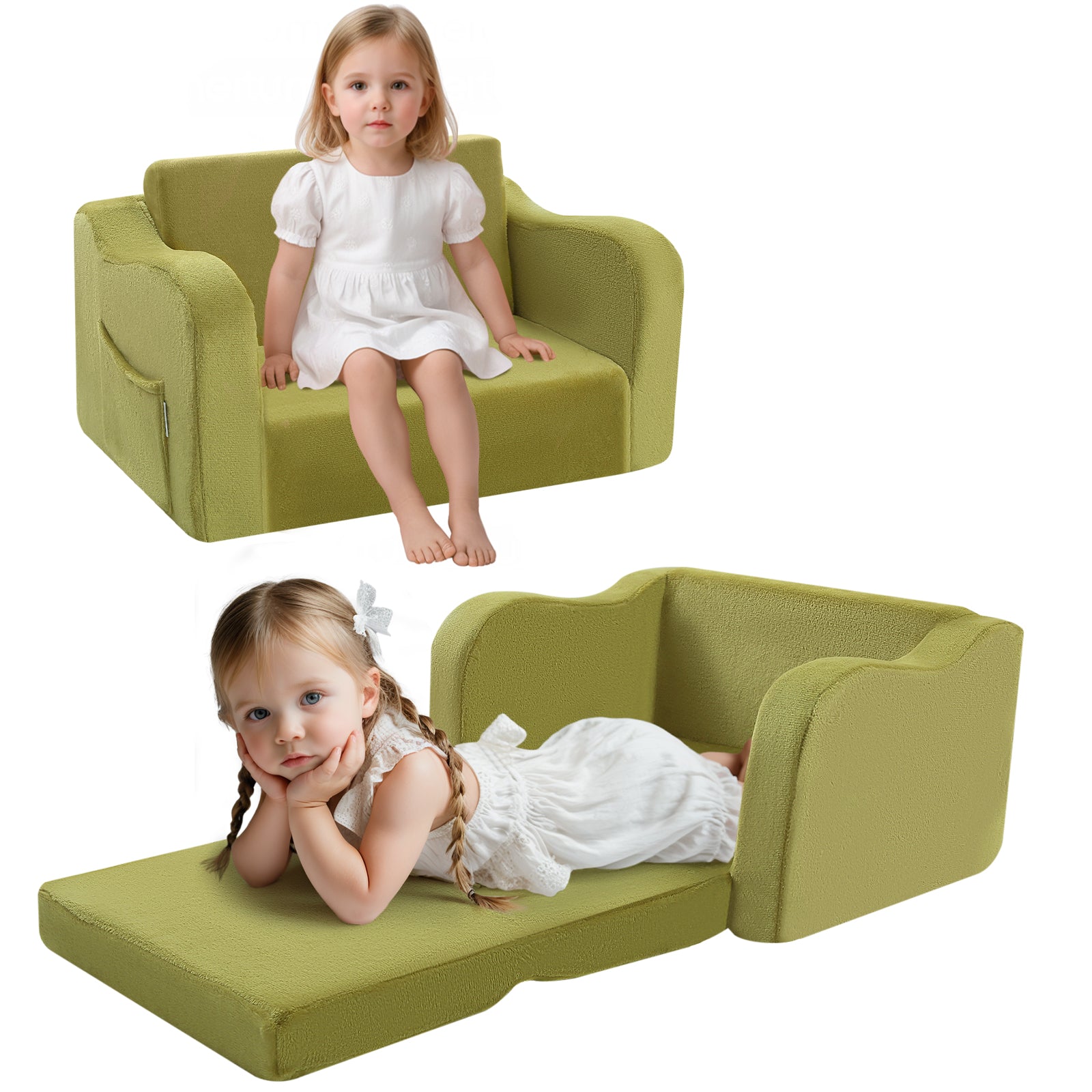 Two little girls, one sitting on Glowsofa's Green children's fold out sofa and one lying on Glowsofa's Green children's fold out sofa.
