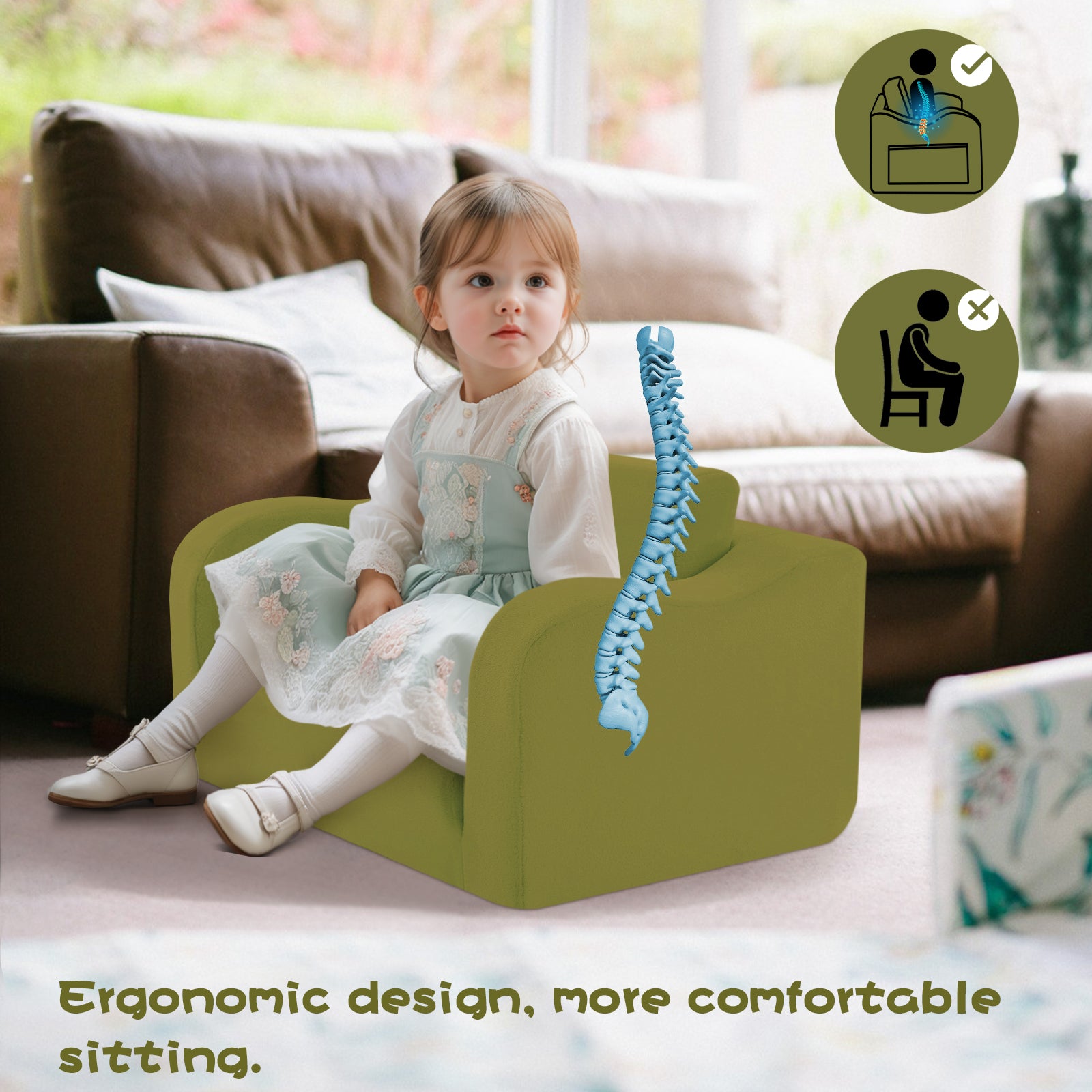 Little girl sitting on Glowsofa's Green children's couch chair with ergonomic design, more comfortable sitting