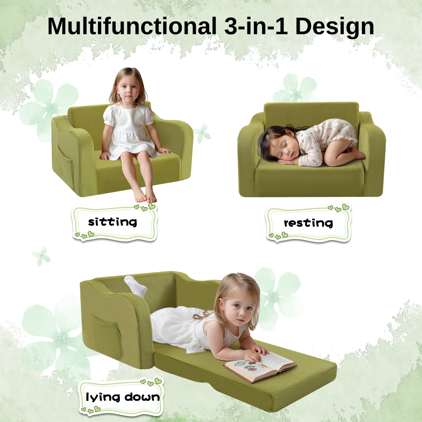 Glowsofa's Green children's couch chair is used in three scenarios: sitting, resting, and lying down.