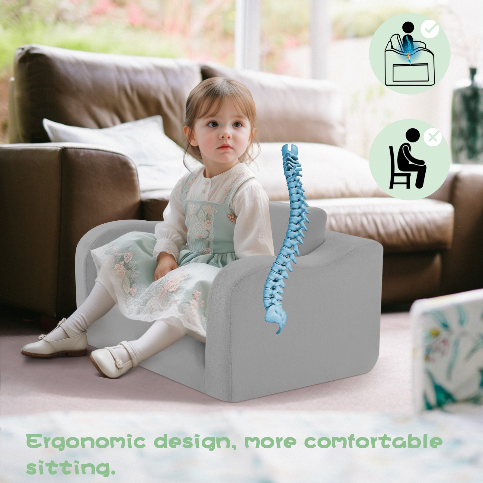 Little girl sitting on Glowsofa's Grey children's couch chair with ergonomic design, more comfortable sitting