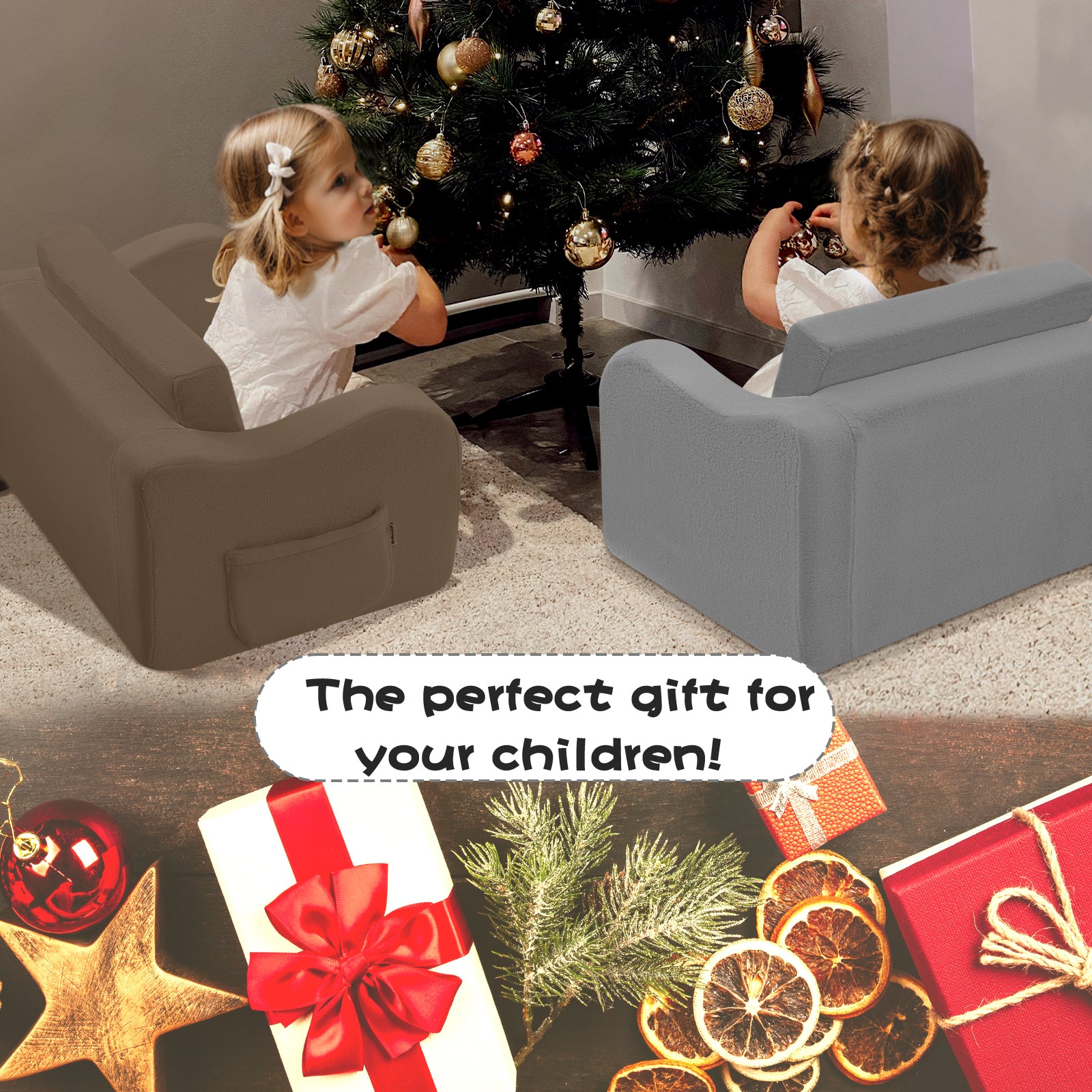 Two girls sitting on Brown Glowsofa's children's couch chair and Grey Glowsofa's children's couch chair in front of the Christmas tree.