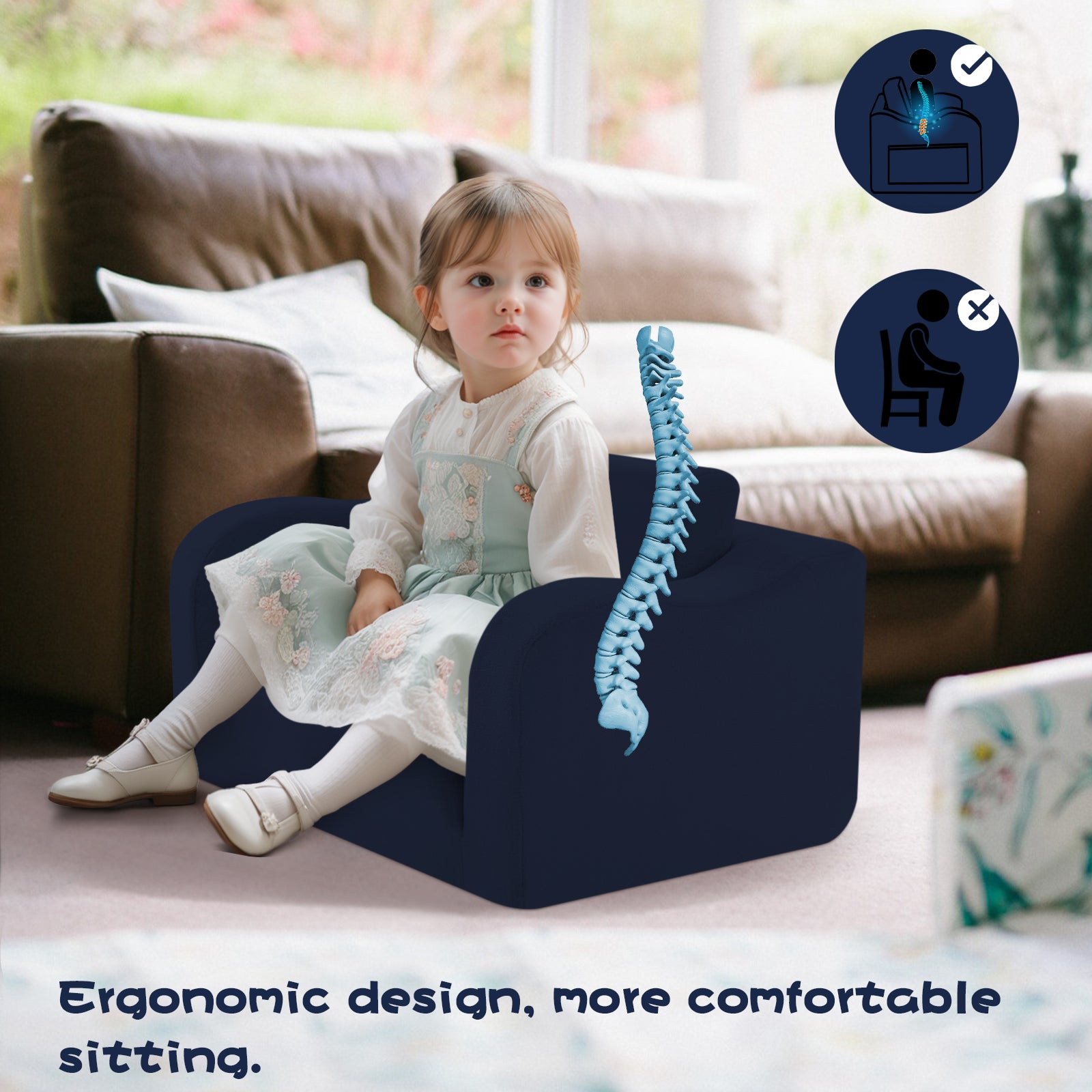 Little girl sitting on Glowsofa's Navy children's couch chair with ergonomic design, more comfortable sitting