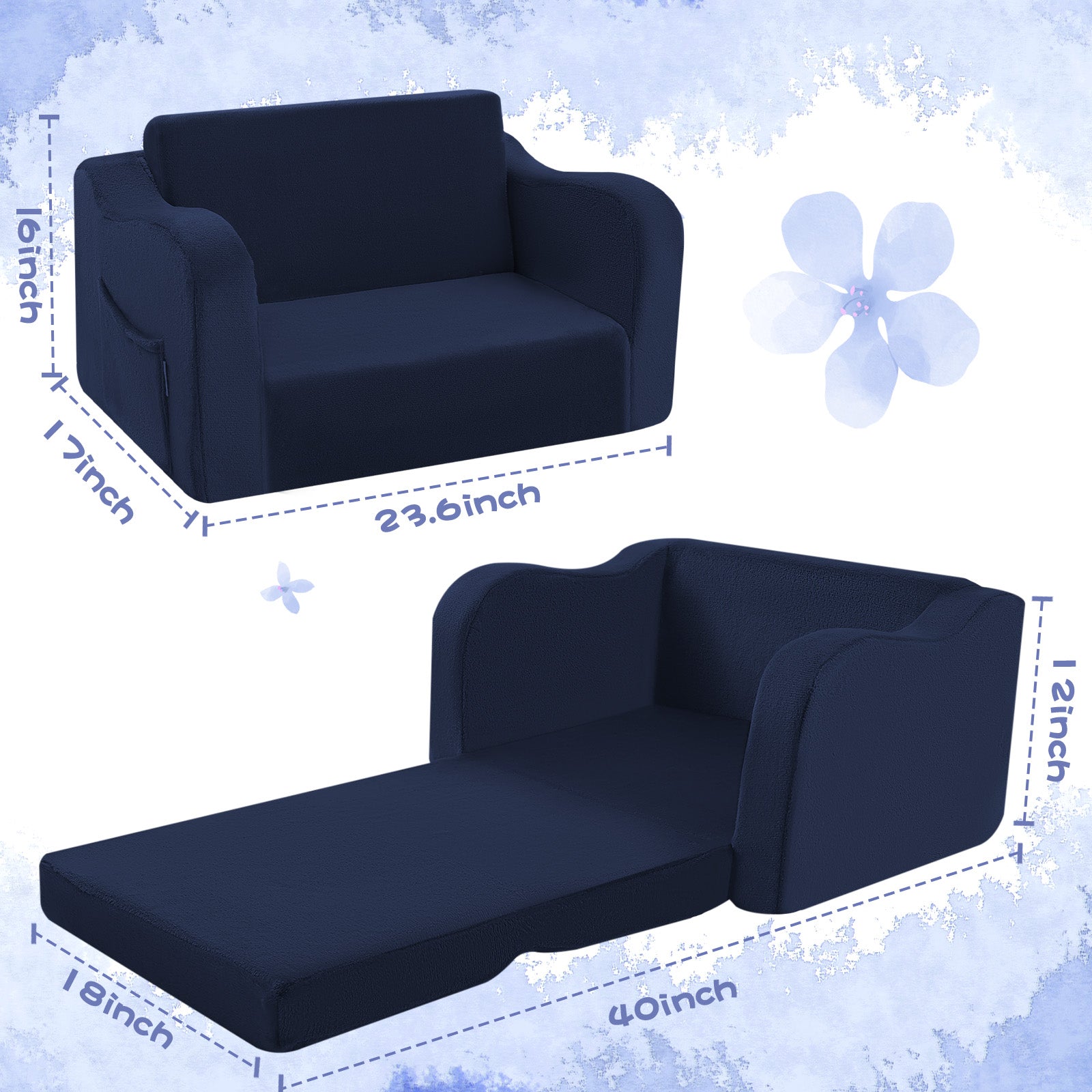 Glowsofa's Navy children's couch chair measures 23.6 “D x 18 ”W x 16 ”H folded and 40"D x 18"W x 12"H unfoldolded.