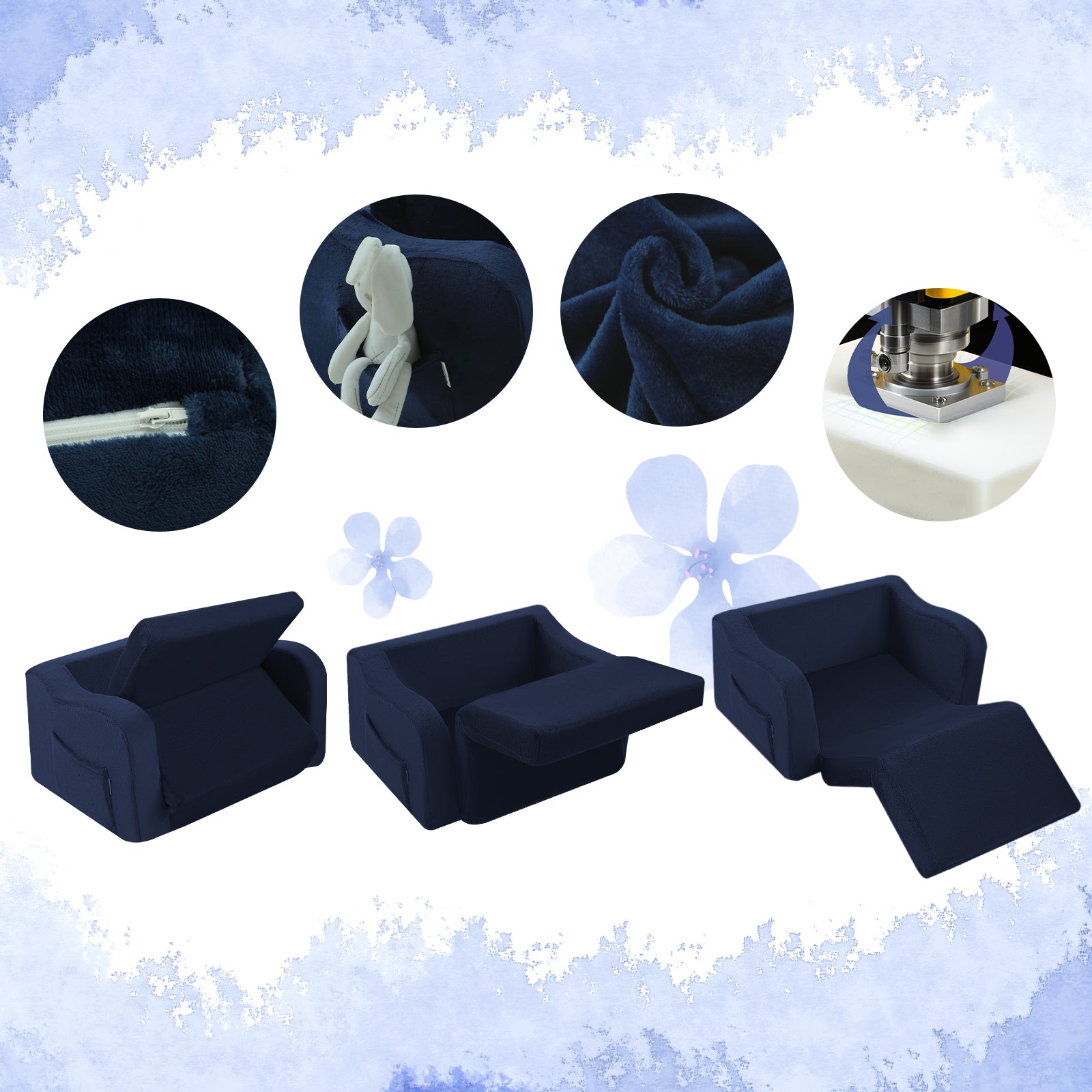 Glowsofa's Navy children's fold out sofa features a durable zipper, side pockets, soft fabric, and premium foam for support.