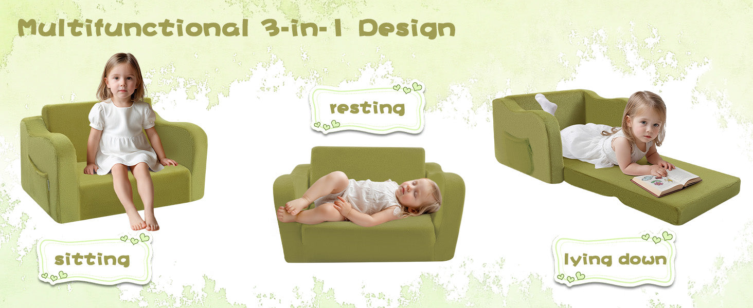 Glowsofa's Multifuncyional 3-in-1 Design children's couch chair is used in three scenarios: sitting, resting, and lying down.