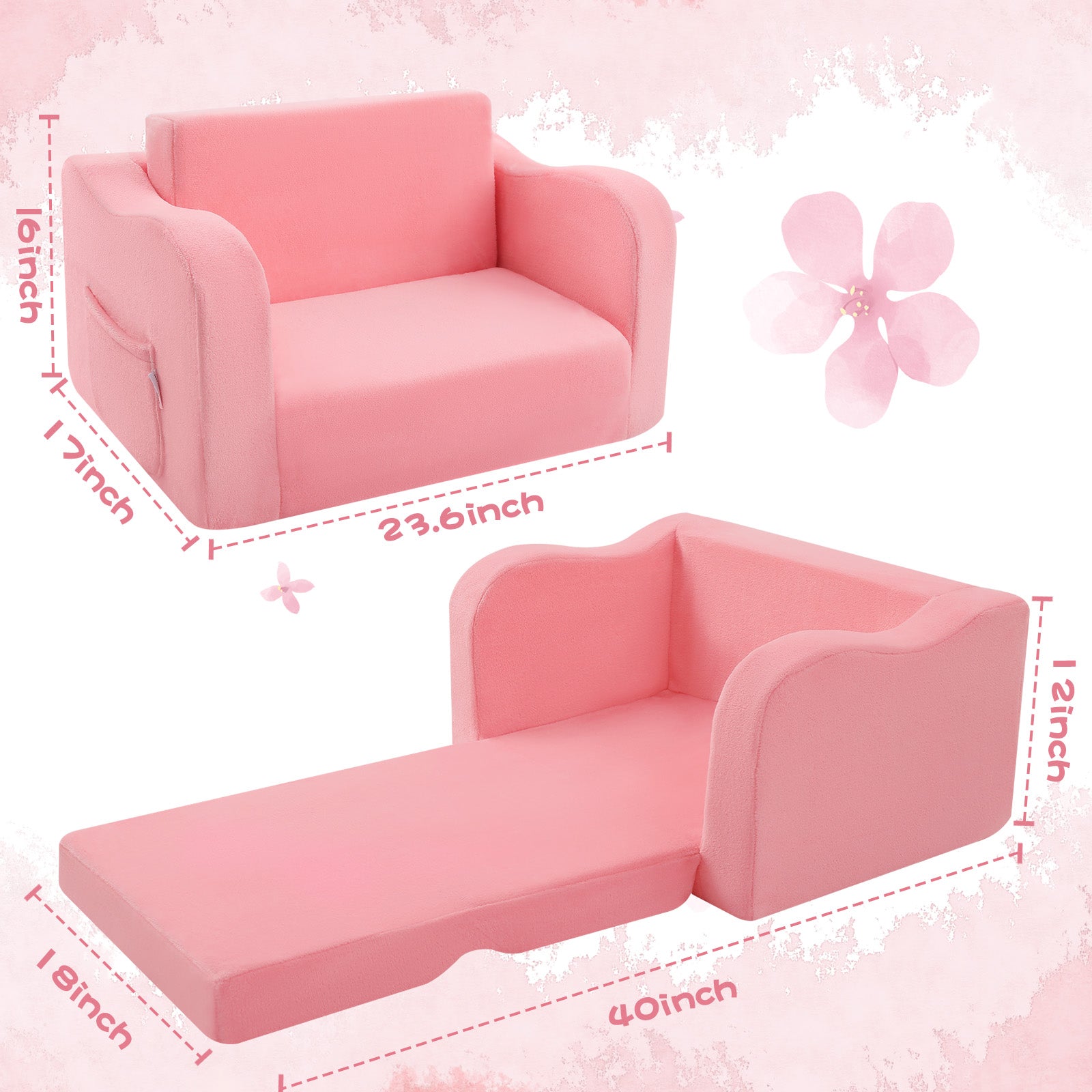 Glowsofa's Pink children's couch chair measures 23.6 “D x 18 ”W x 16 ”H folded and 40"D x 18"W x 12"H unfoldolded.