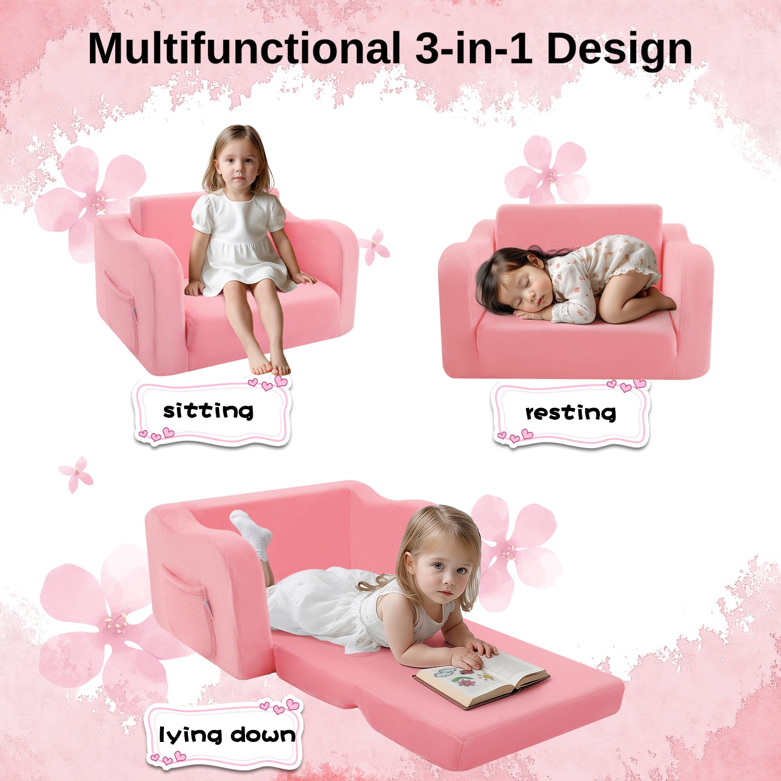 Glowsofa's Pink children's couch chair is used in three scenarios: sitting, resting, and lying down.