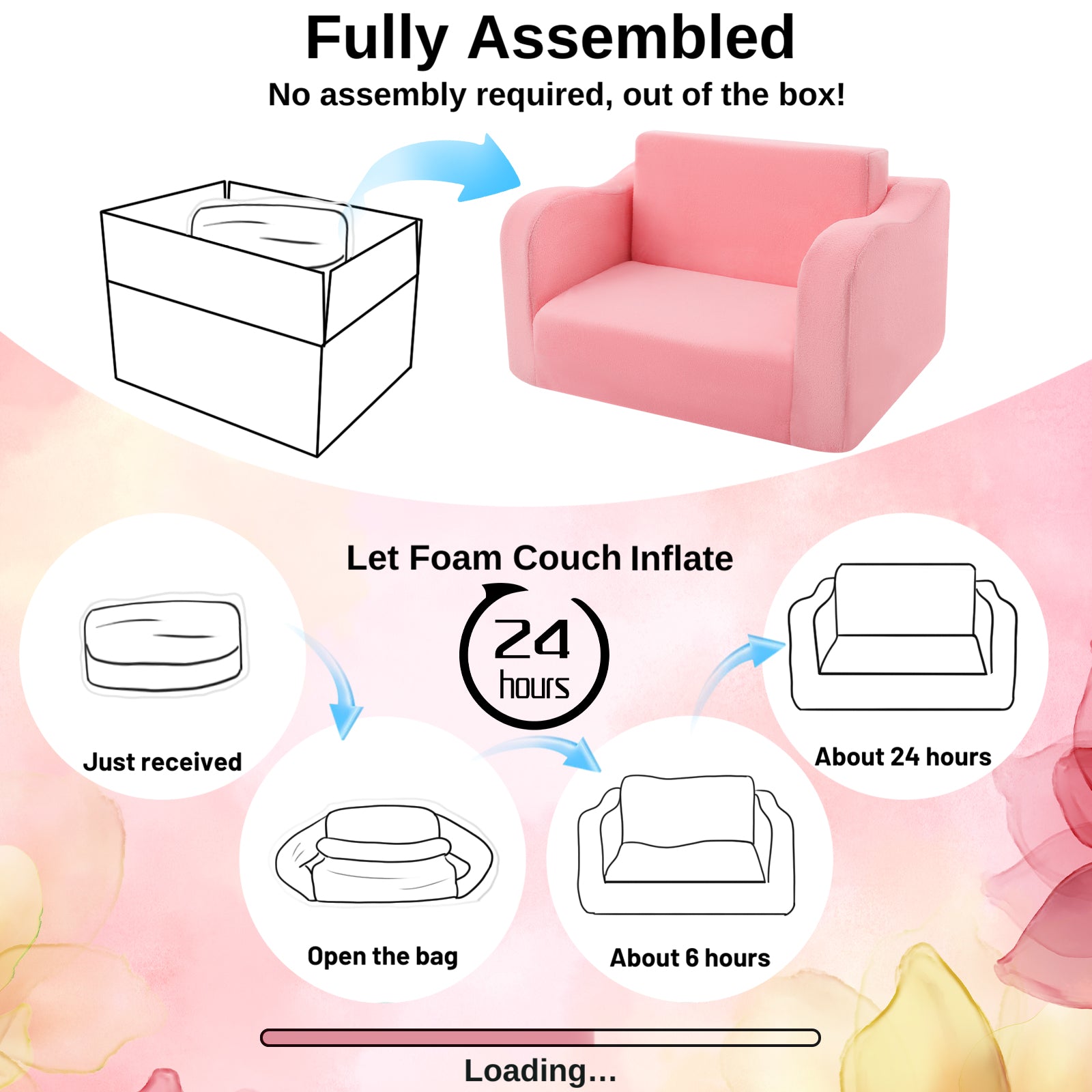  Glowsofa's Pink children's fold out sofa No need to install, just take it out of the box and wait 24 hours for it to return to its normal form and use it