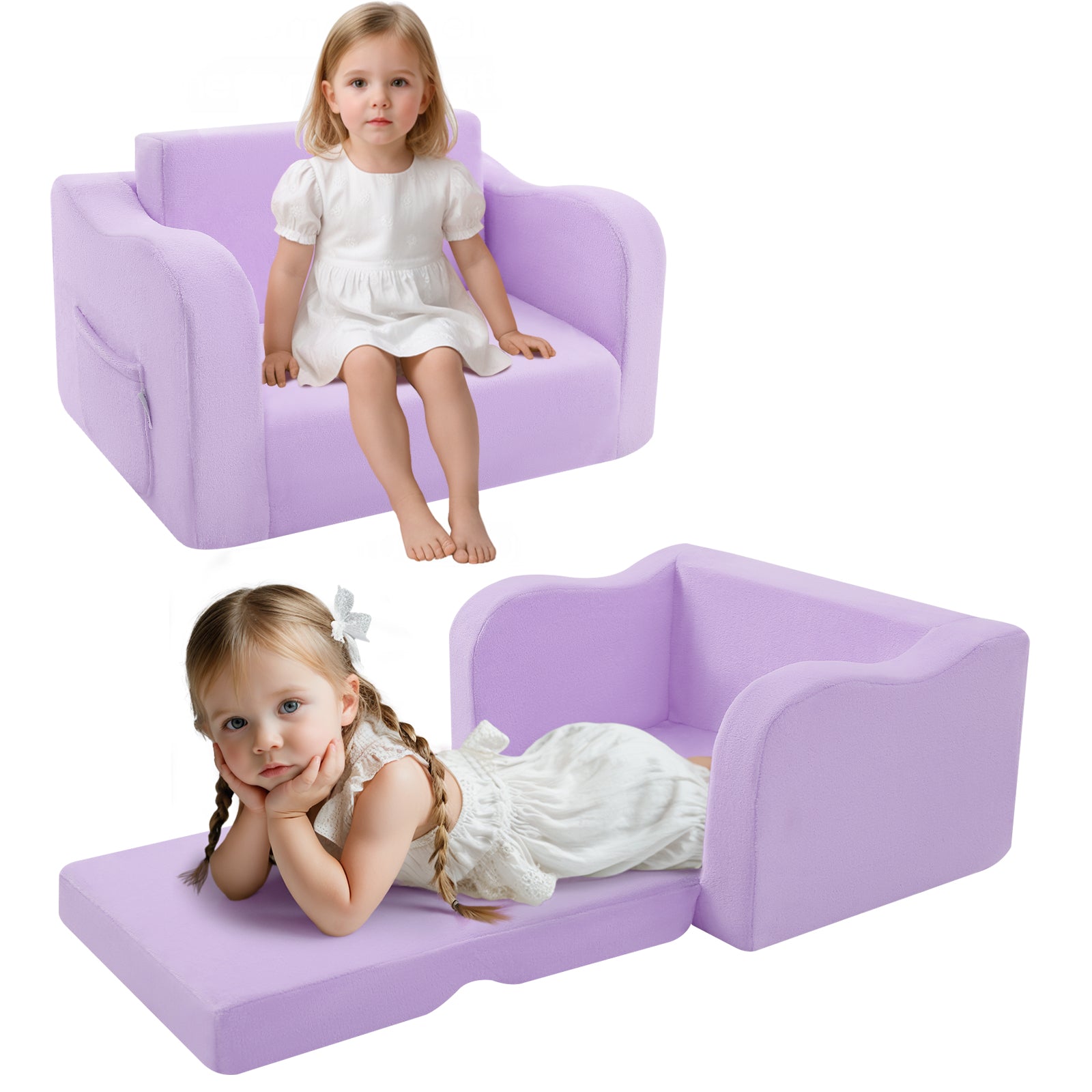 Two little girls, one sitting on Glowsofa's Purple children's fold out sofa and one lying on Glowsofa's Purple children's fold out sofa.