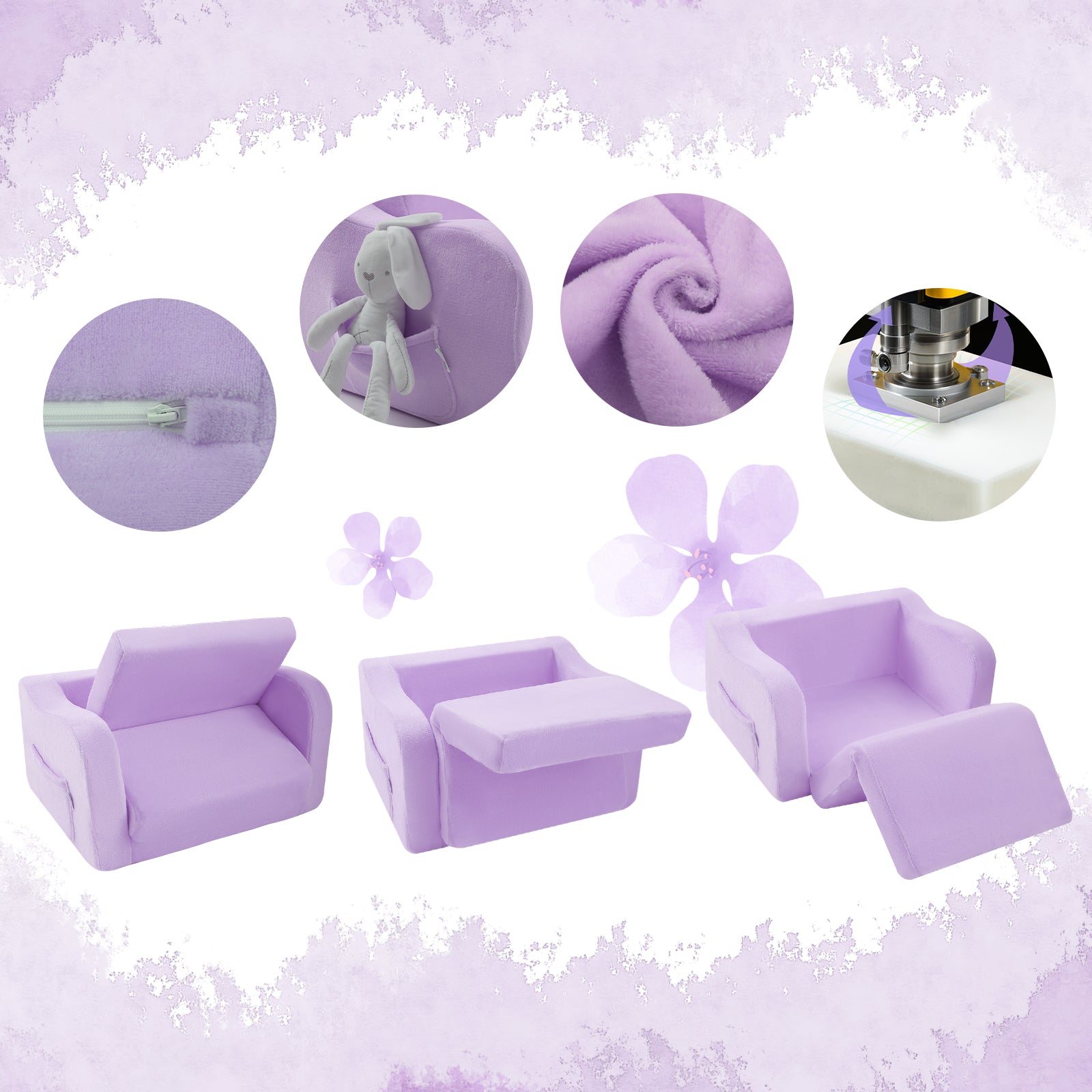 Glowsofa's Purple children's fold out sofa features a durable zipper, side pockets, soft fabric, and premium foam for support.