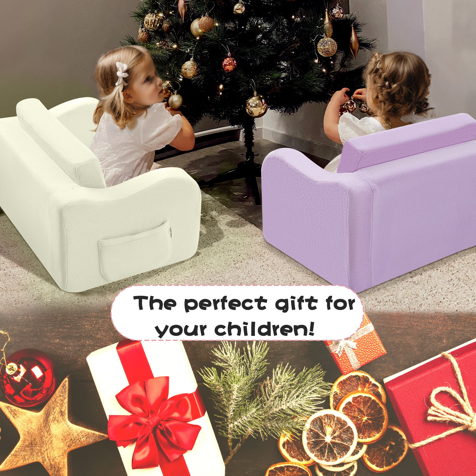 Two girls sitting on Cream Glowsofa's children's couch chair and Purple Glowsofa's children's couch chair in front of the Christmas tree.