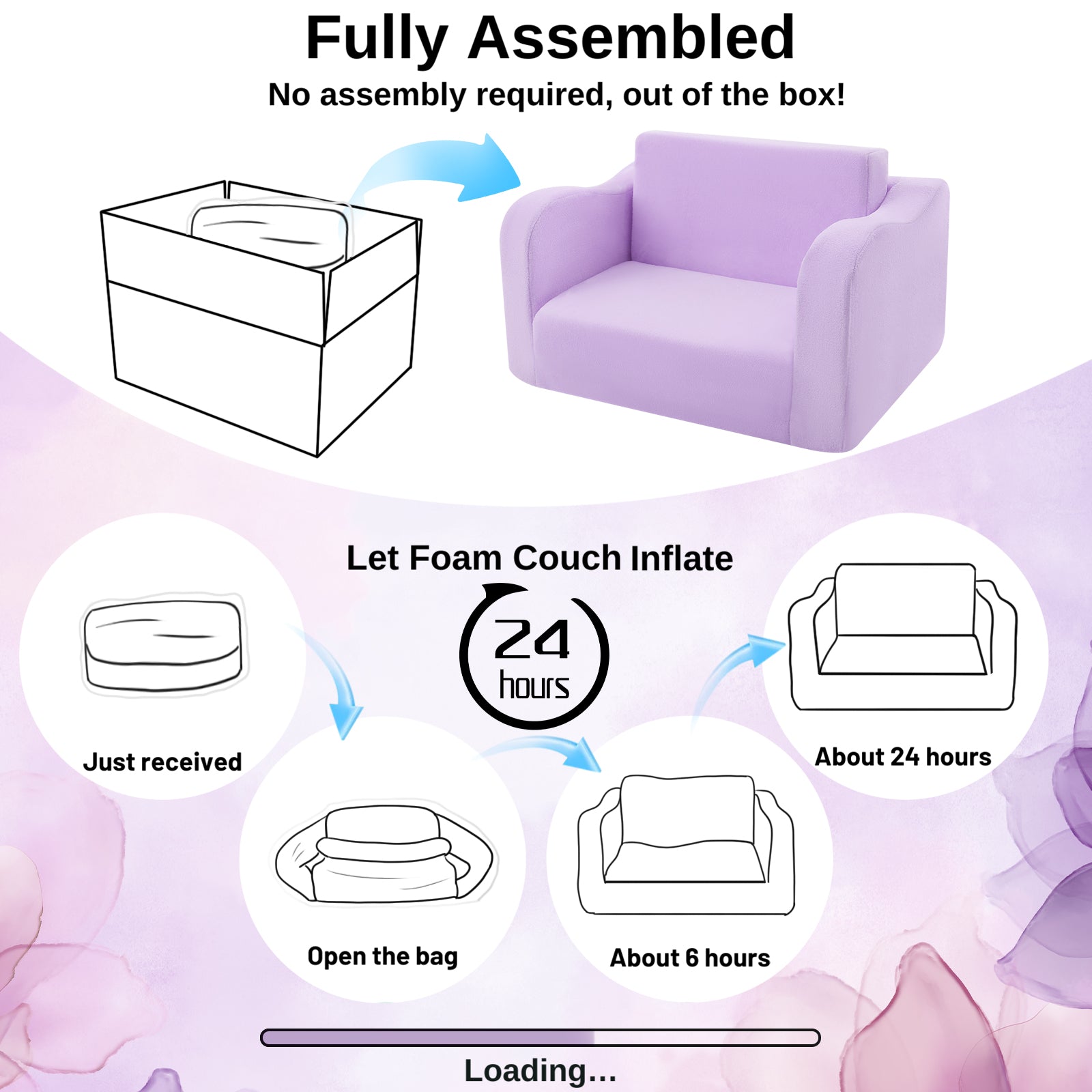 Glowsofa's Purple children's fold out sofa No need to install, just take it out of the box and wait 24 hours for it to return to its normal form and use it