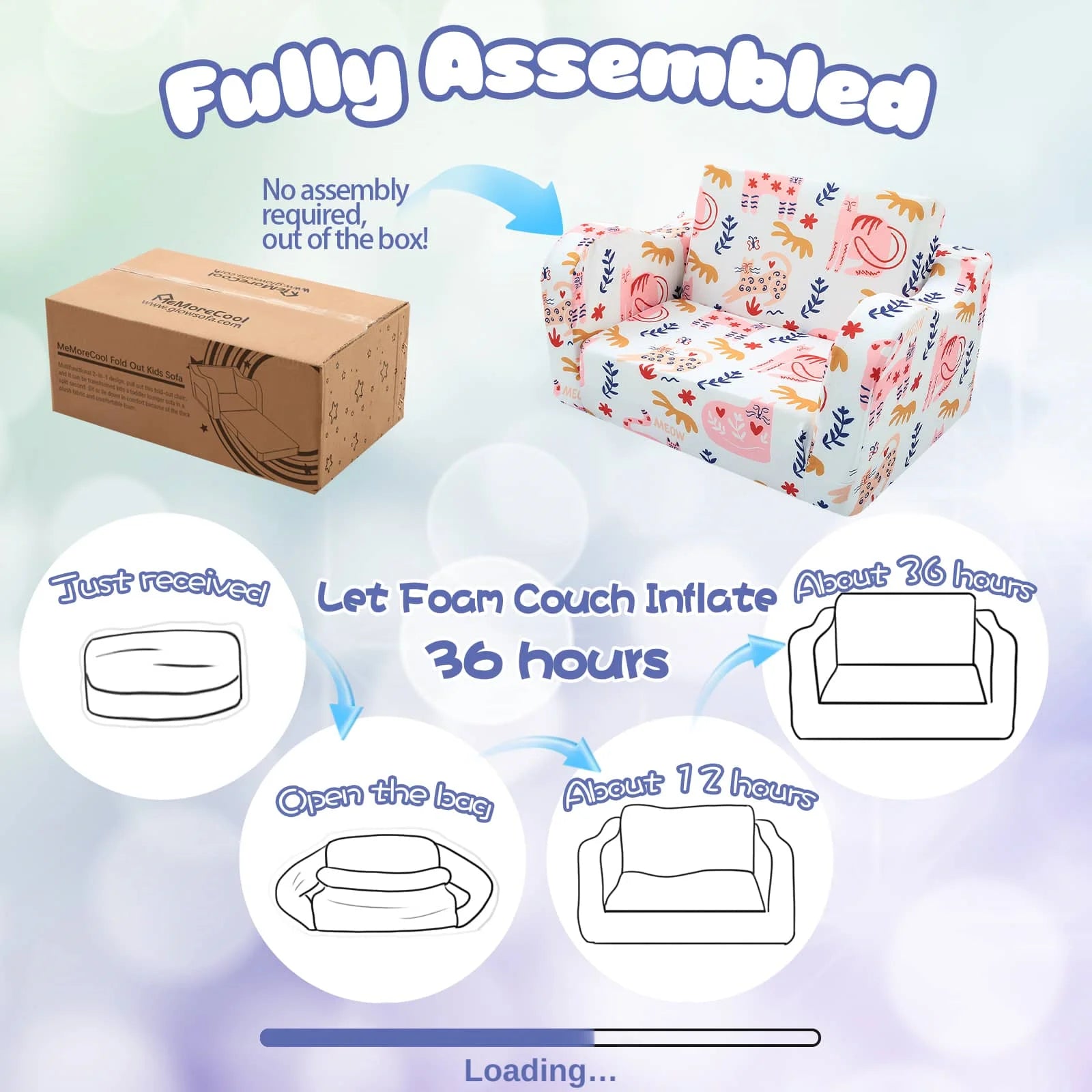 This Glowsofa's kids sofa with Cat patterns no assembly required and can be returned to its original state after being received and left open for 36 hours