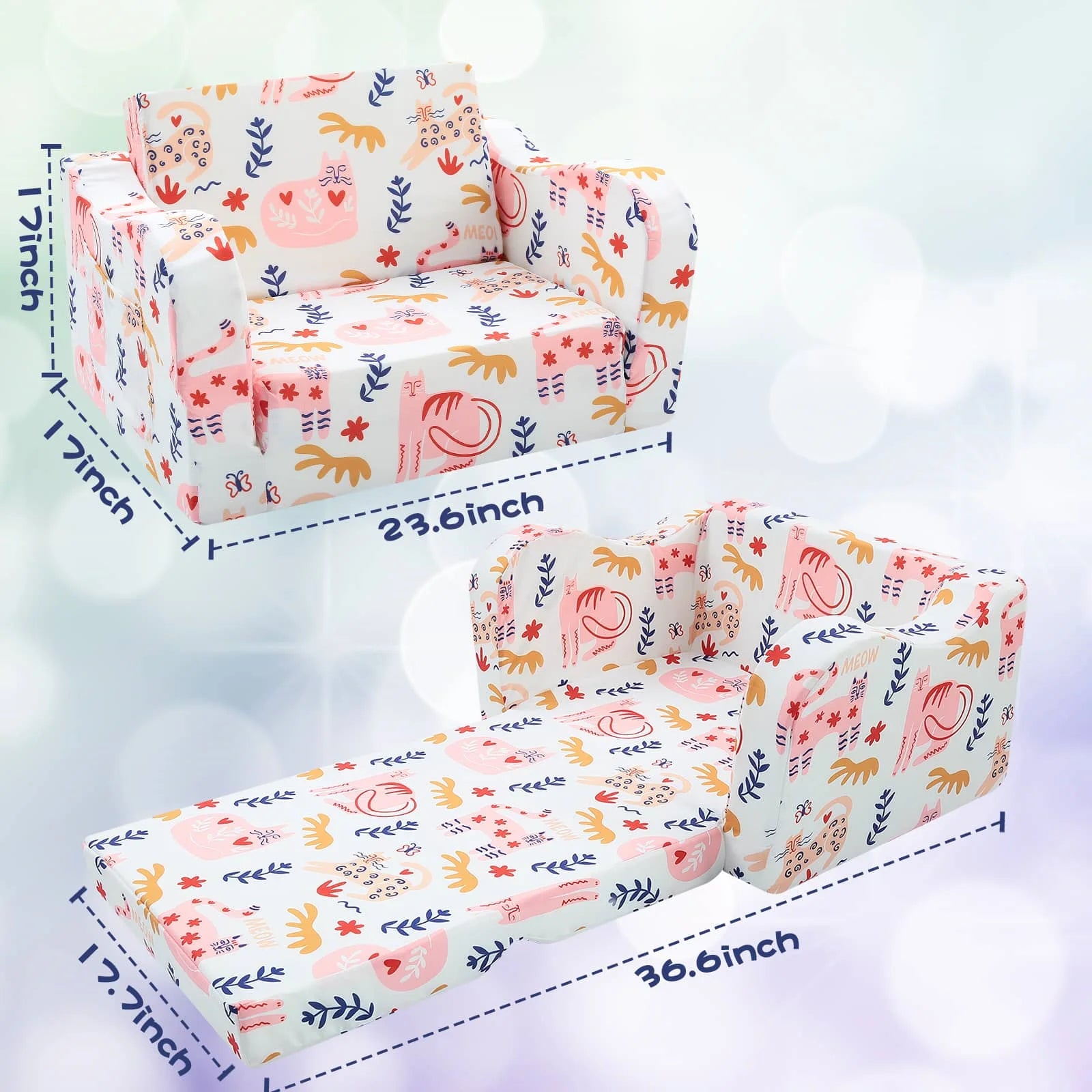 This kids pull-out couch with Cat patterns is 23.6 x 17 x 17 inches, unfolded kids sofa bed is 36.6 x 17.7 x 12 inches
