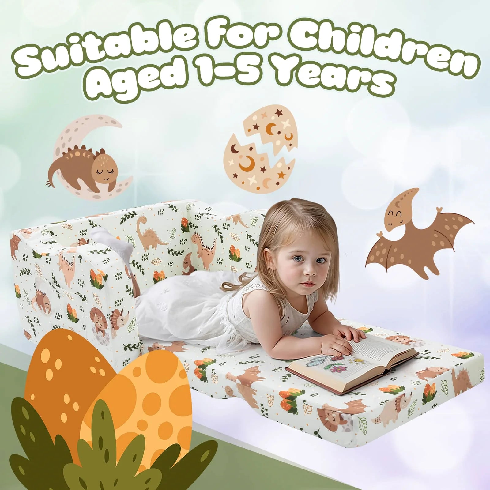 The Glowsofa's fold out chair bed with Dinosaur patterns Suitable for 1 to 5 year olds