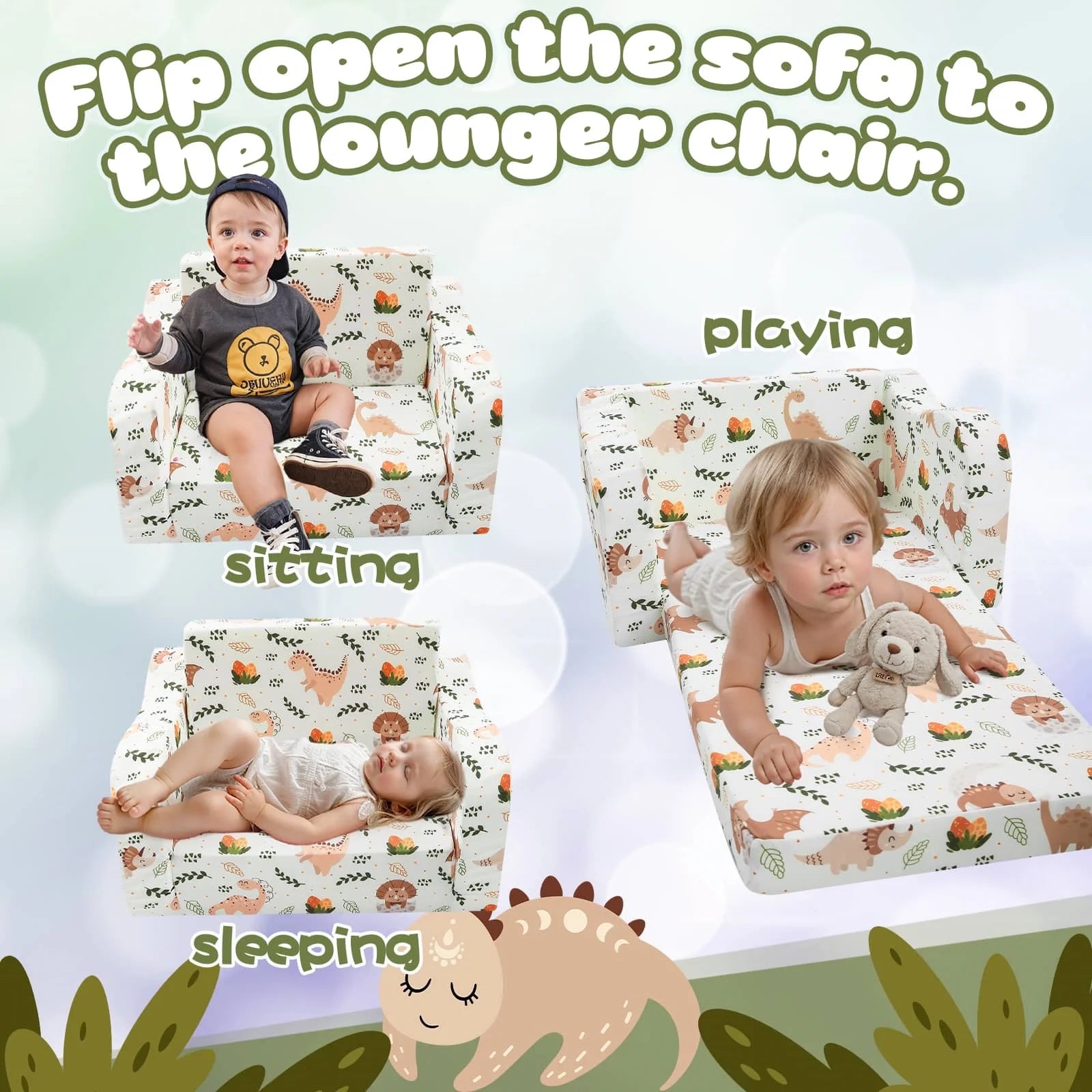 Glowsofa's children's couch chair with Dinosaur patterns unfolds to become a lounger chair.